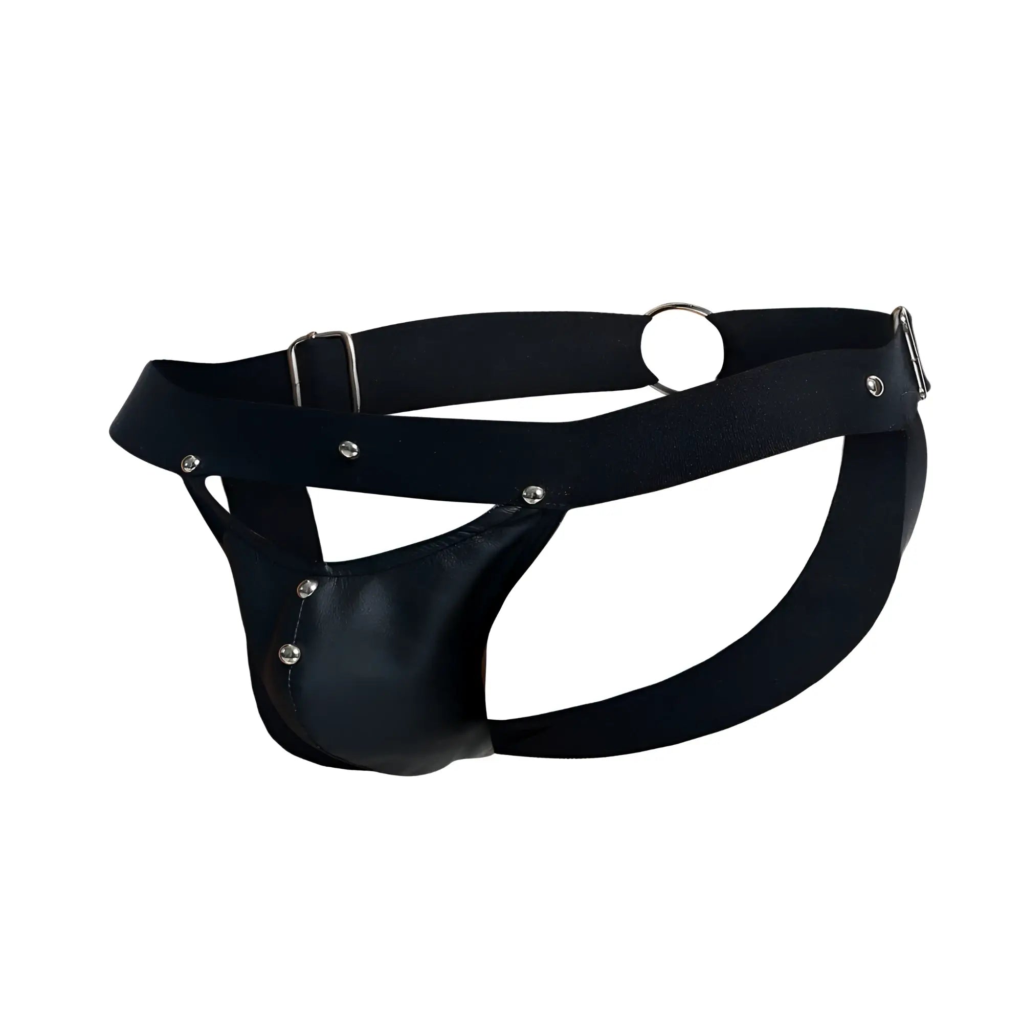 Malebasics dmbl04 dngeon peekaboo black leather thong with silver metal hardware and adjustable straps front view