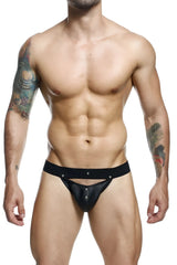 Malebasics dmbl04 dngeon black leather thong with silver studs and wide waistband shown from the back side