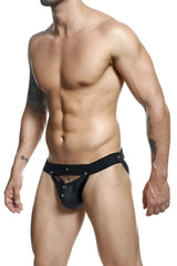 Black leather thong jockstrap with silver studs from malebasics dmblo4 dngeon peekaboo collection