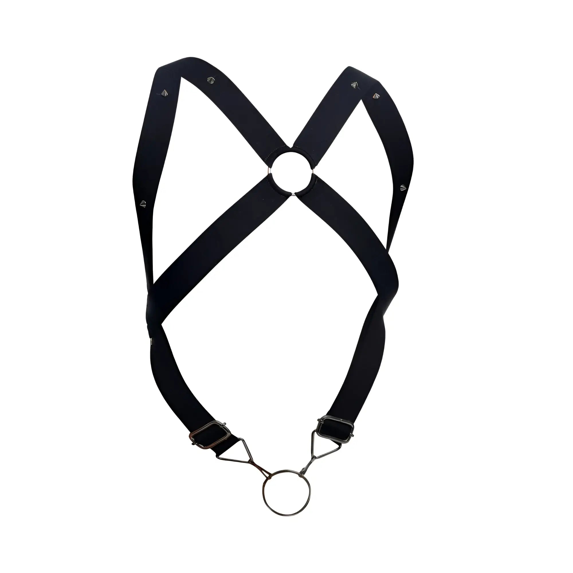 Malebasics dmbl05 dngeon crossback harness black leather with adjustable straps and central metal ring shown from back
