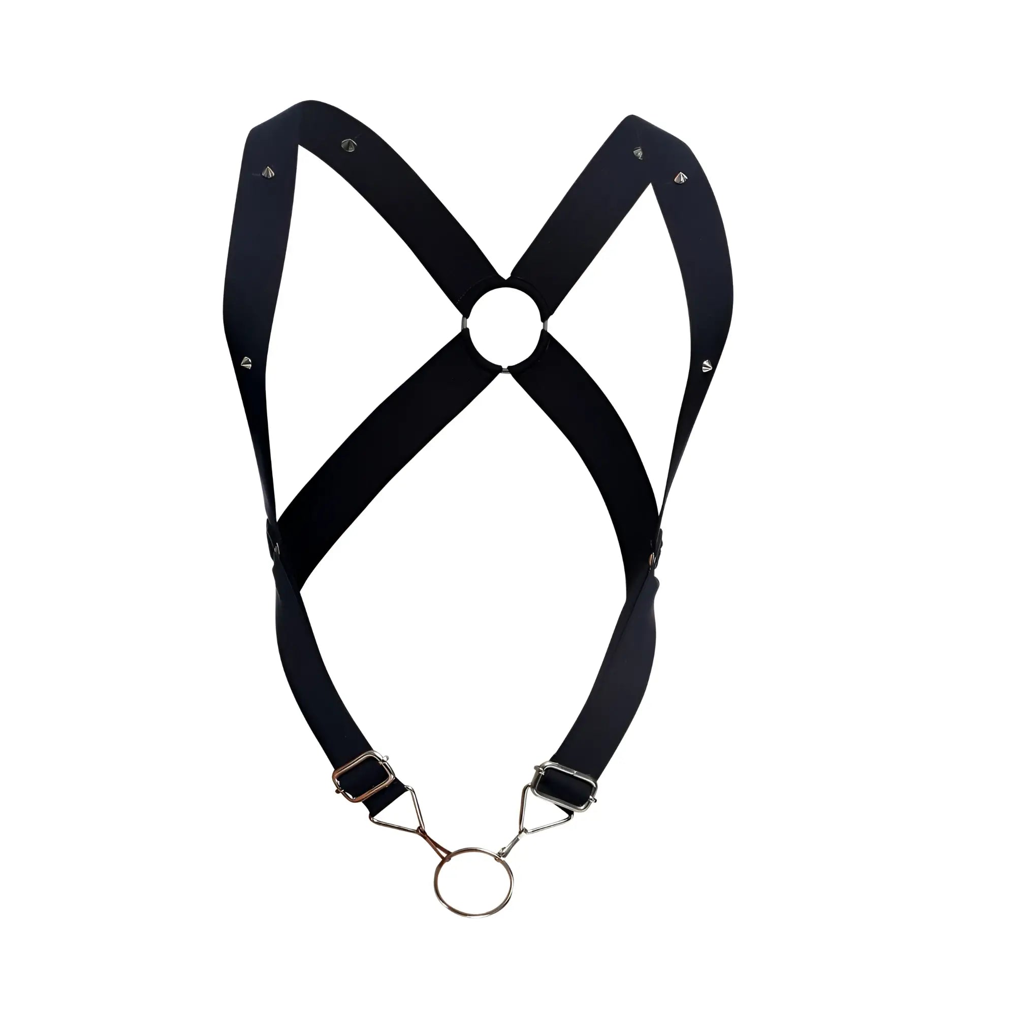 Black leather crossback harness malebasics dmbL05 dngeon with silver metal hardware and central circular ring