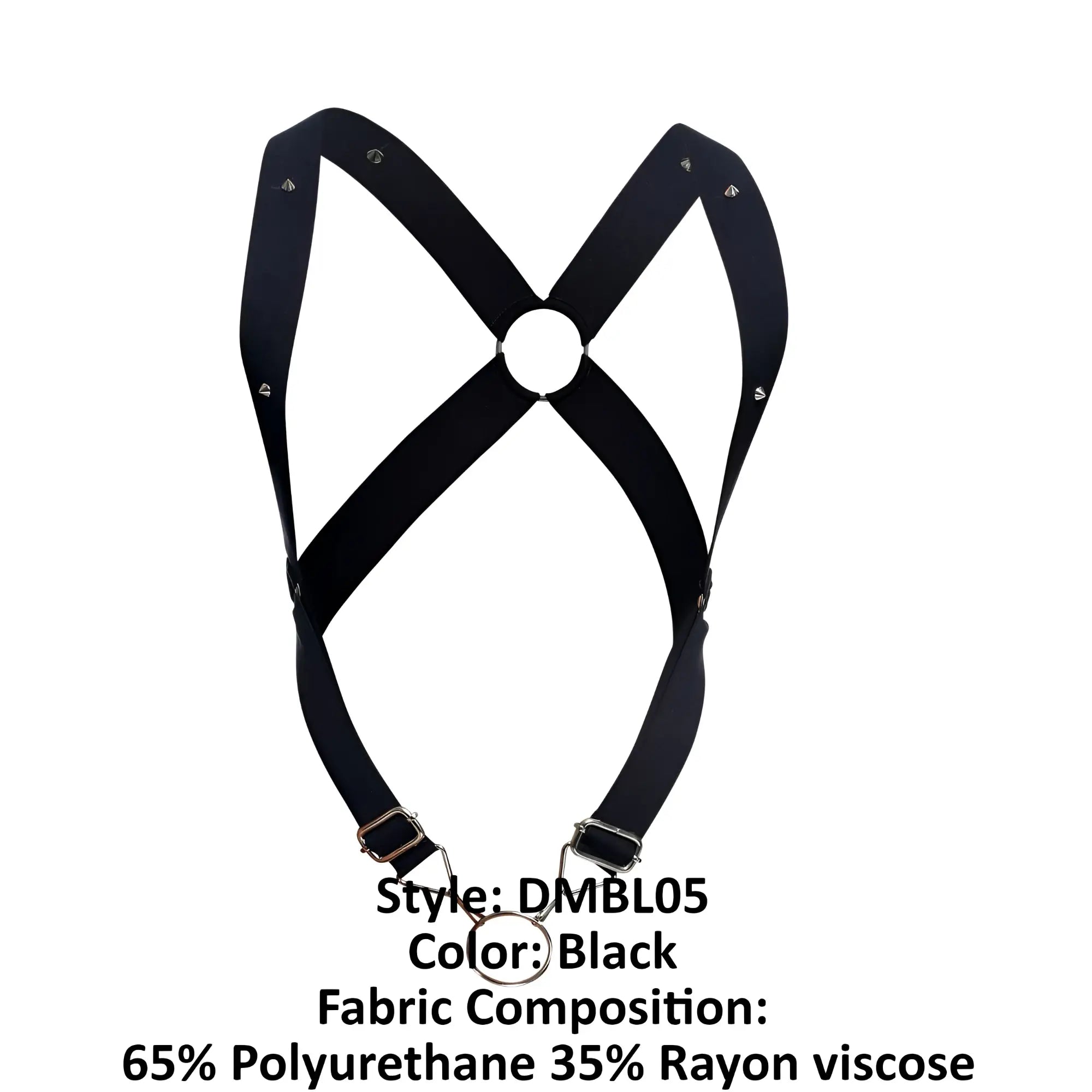 MaleBasics DMBL05 DNGEON crossback harness in black with adjustable straps metal buckles made of 65 polyurethane 35 rayon viscose