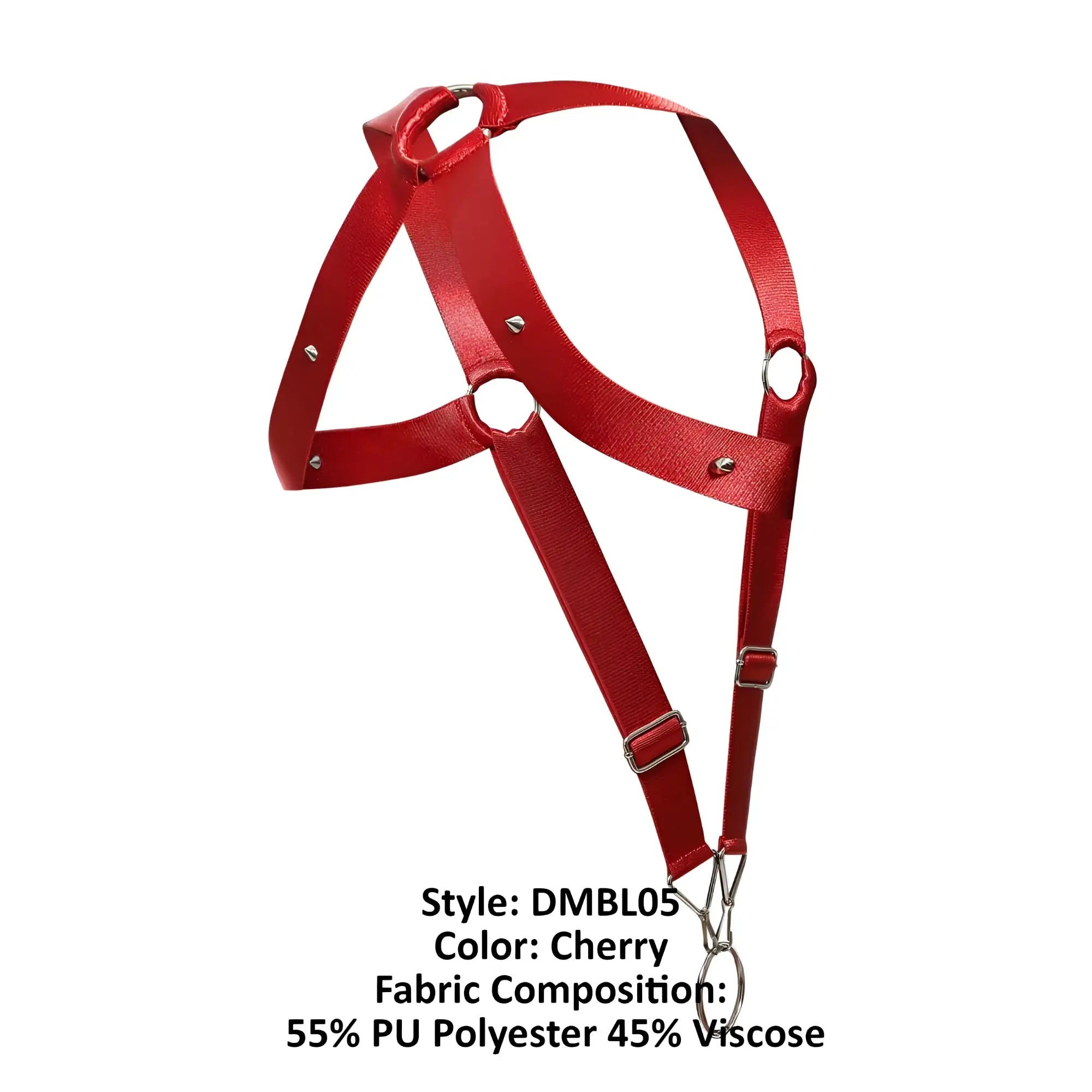 Malebasics dmbl05 dngeon crossback harness in red cherry with silver metal hardware made of 55 pu polyester 45 viscose