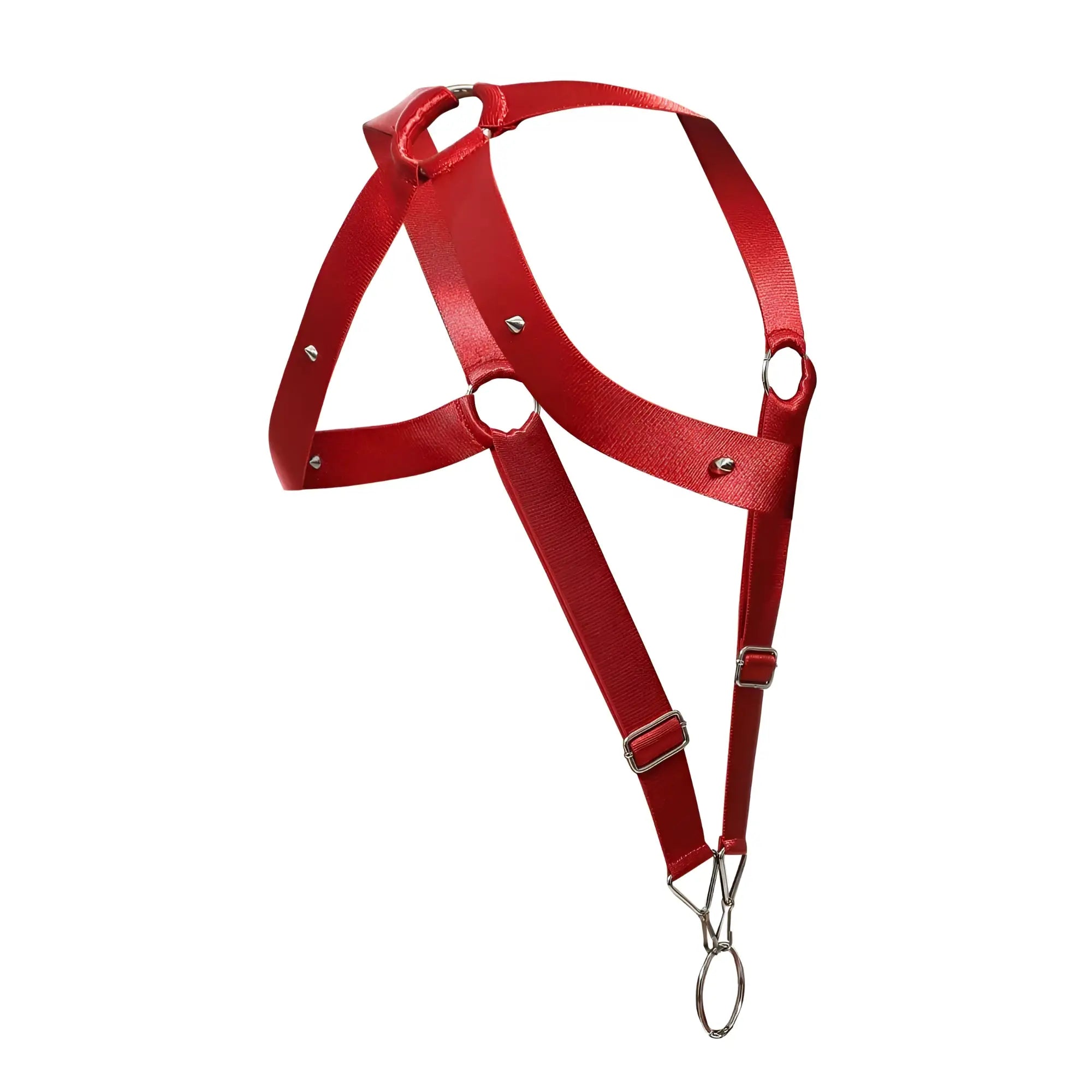 Malebasics dmblo5 dngeon crossback harness in cherry red leather with silver hardware and adjustable straps shown from back