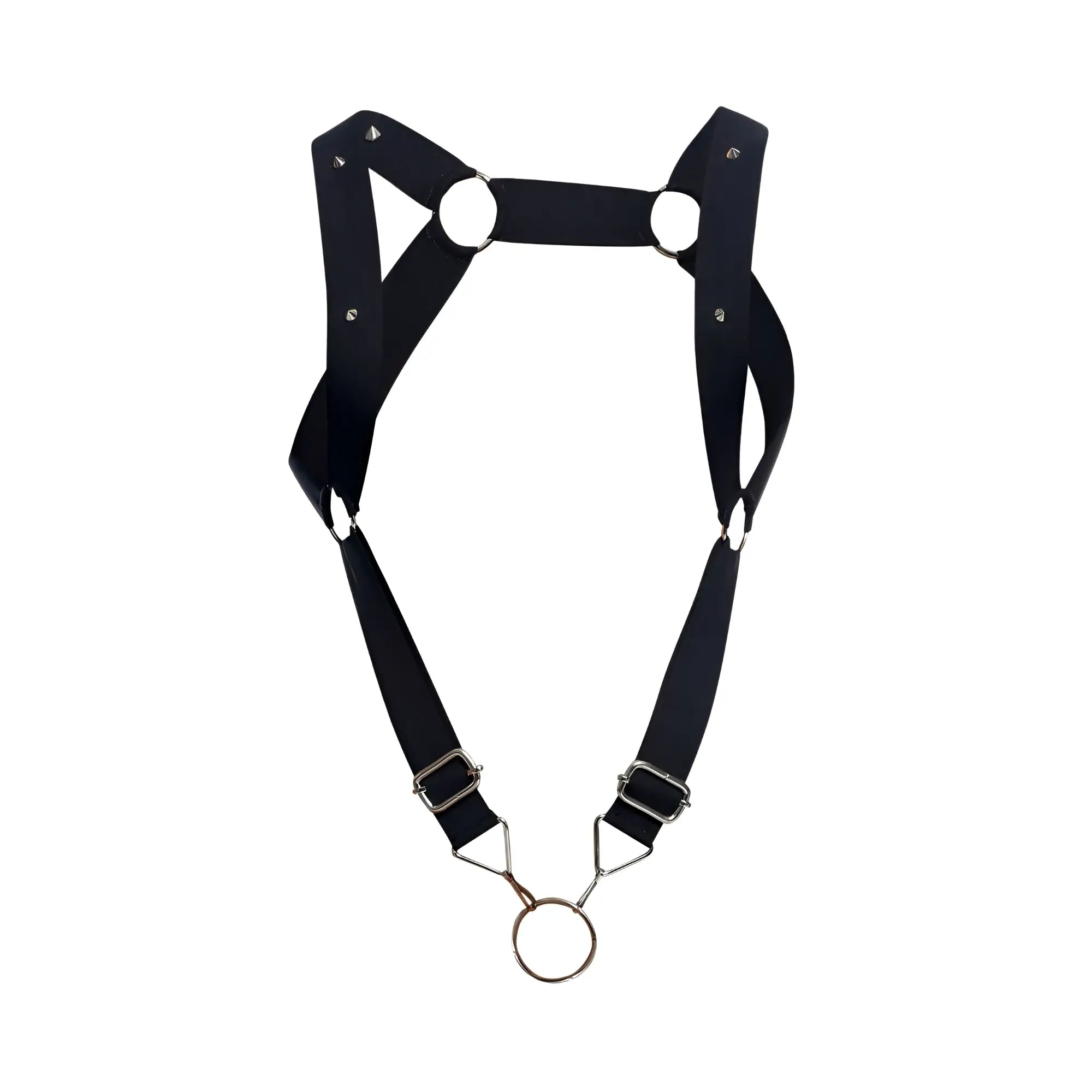 Malebasics dmblo6 dungeon straight back harness in black leather with silver rings and triangular metal buckles
