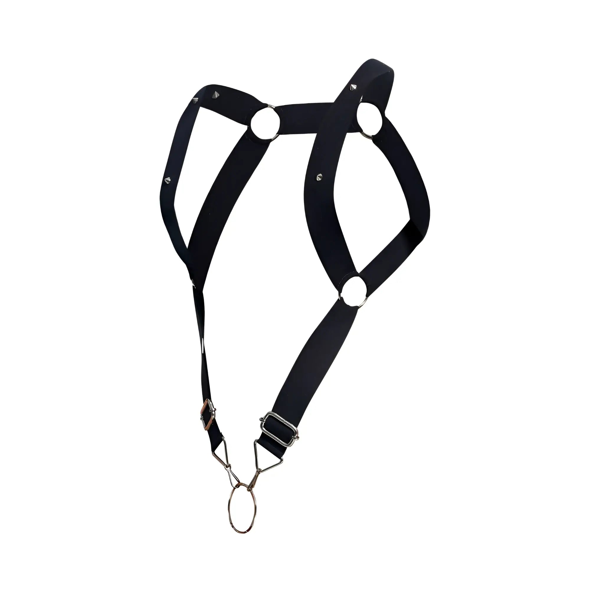 Black leather male basics dmblo6 dngeon straight back harness with silver metal rings and buckles