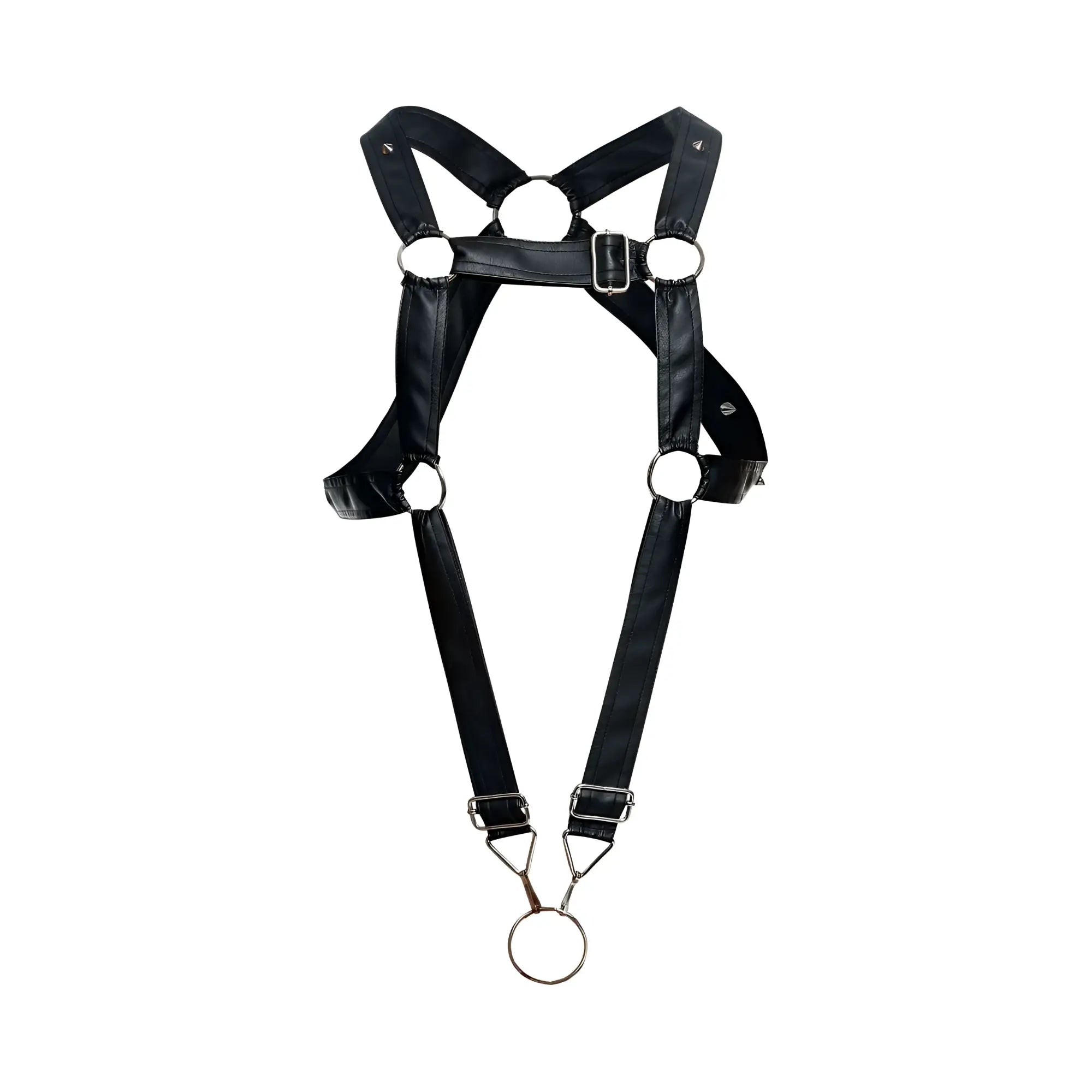 MaleBasics DMBL07 DNGEON black faux leather cross cockring harness with silver rings and buckle visible from the back