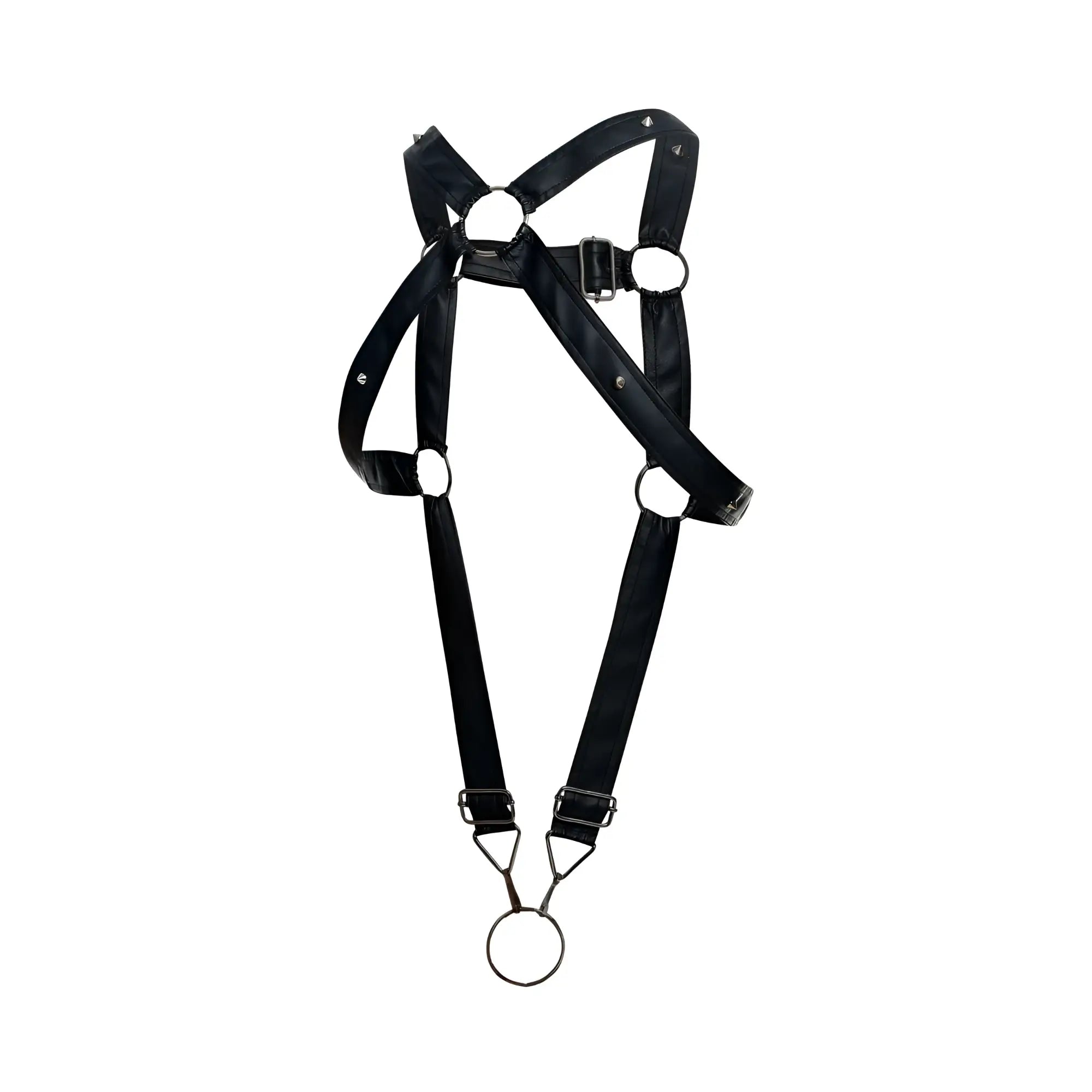 Malebasics dmblo7 dngeon cross cockring harness in black leather with metal rings and buckles