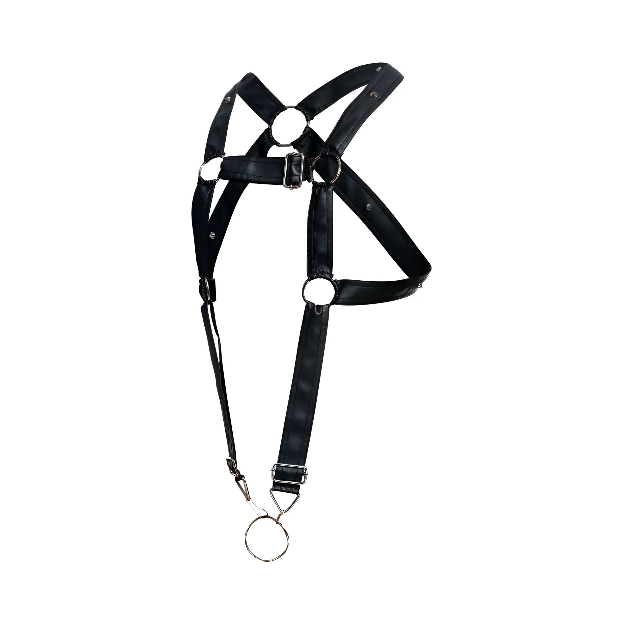 Malebasics dmbl07 dungeon cross cockring harness in black patent leather with silver hardware and dangling ring
