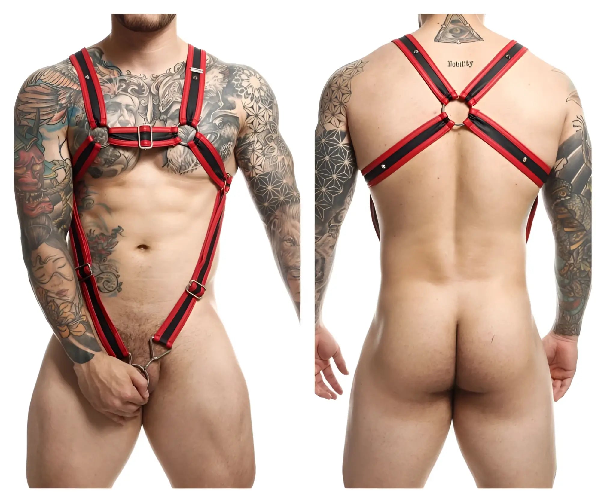Malebasics dmblo7 dngeon cross cockring harness in red and black leather with silver metal hardware front view