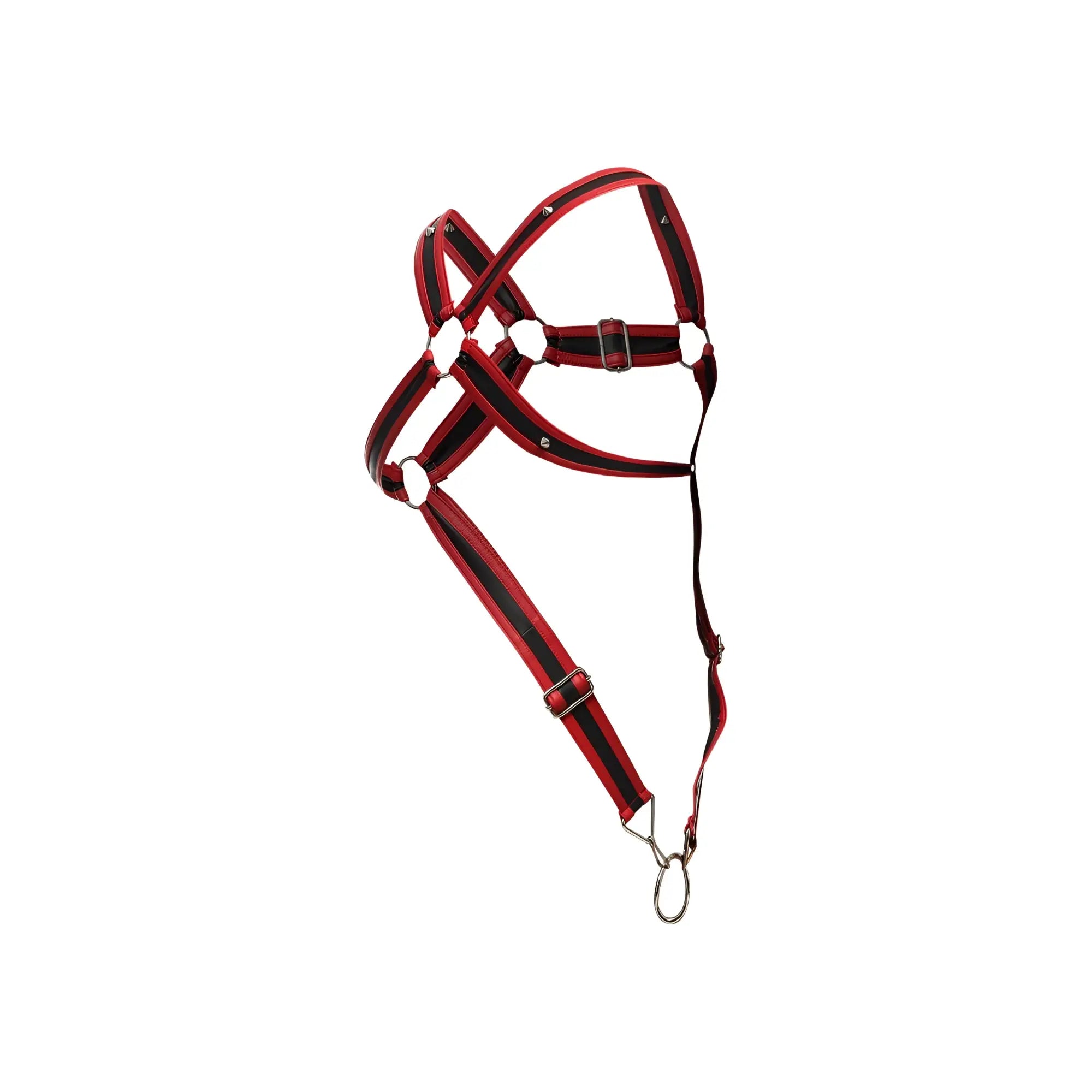 Malebasics dmblo7 dngeon cross cockring harness in red with red and black striped horse halter and metal buckle and ring