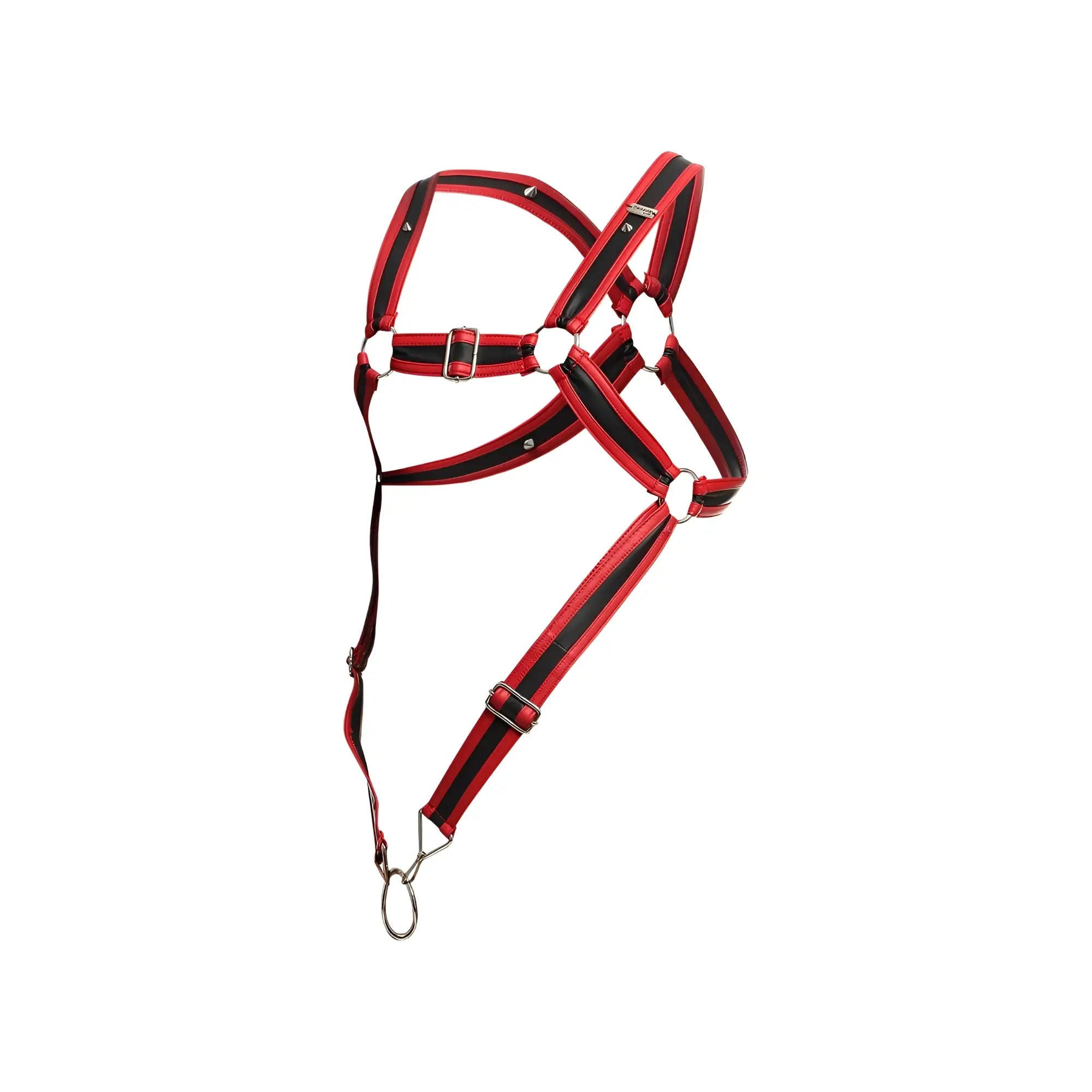 Malebasics dmcbl07 dngeon cross cockring harness in red striped leather with silver hardware for male use