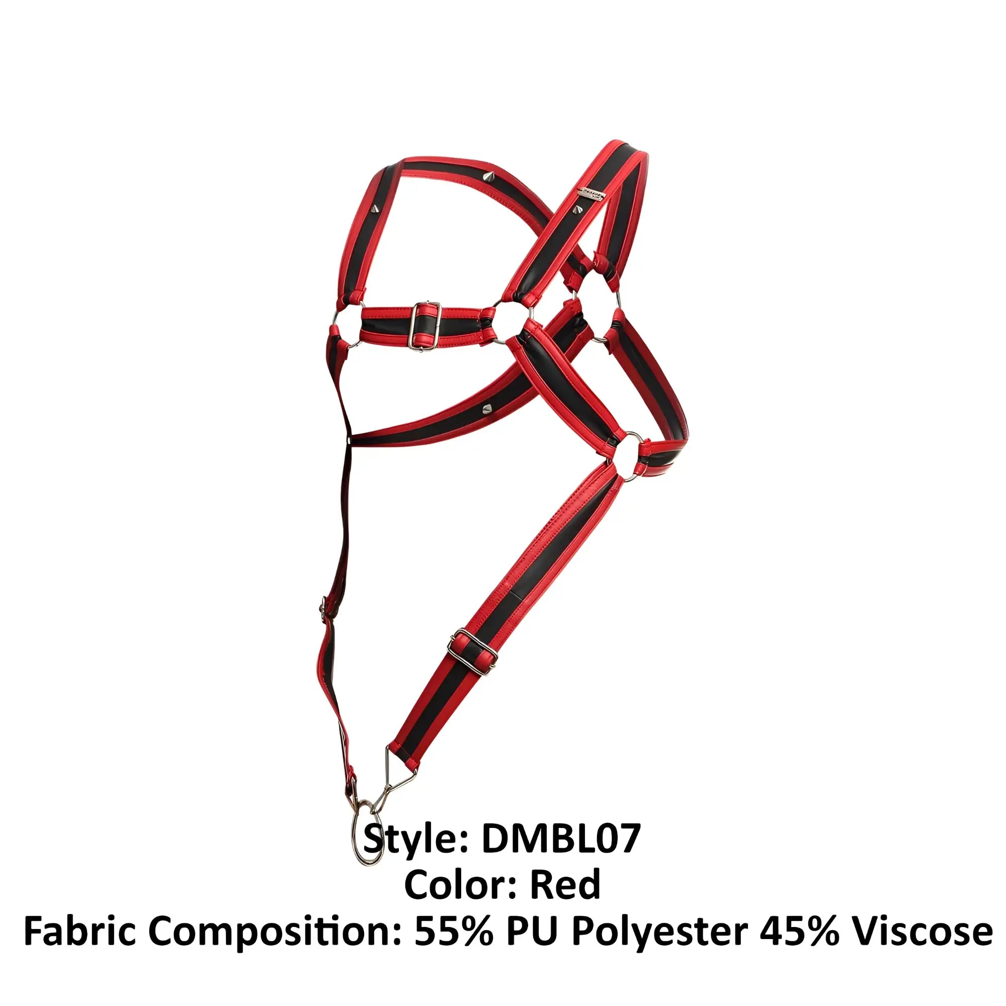 Malebasics dmblo7 dngeon cross cockring harness in red with black striped horse halter design and silver metal hardware