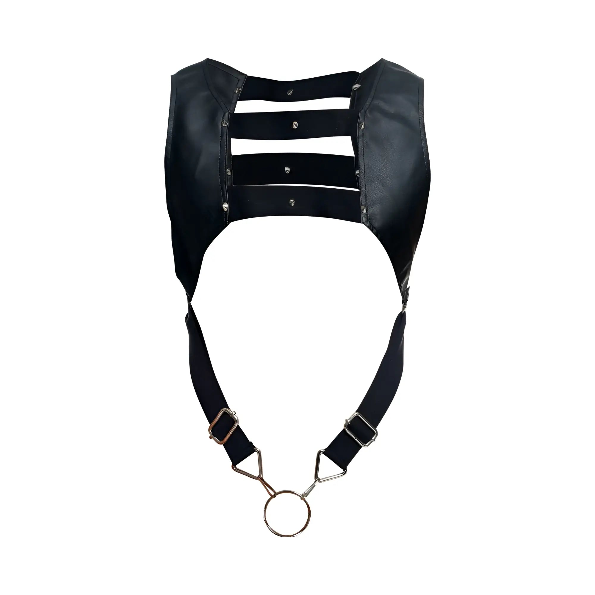 Malebasics dmdbl08 dngeon black faux leather croptop cockring harness with three straps and metal ring at bottom