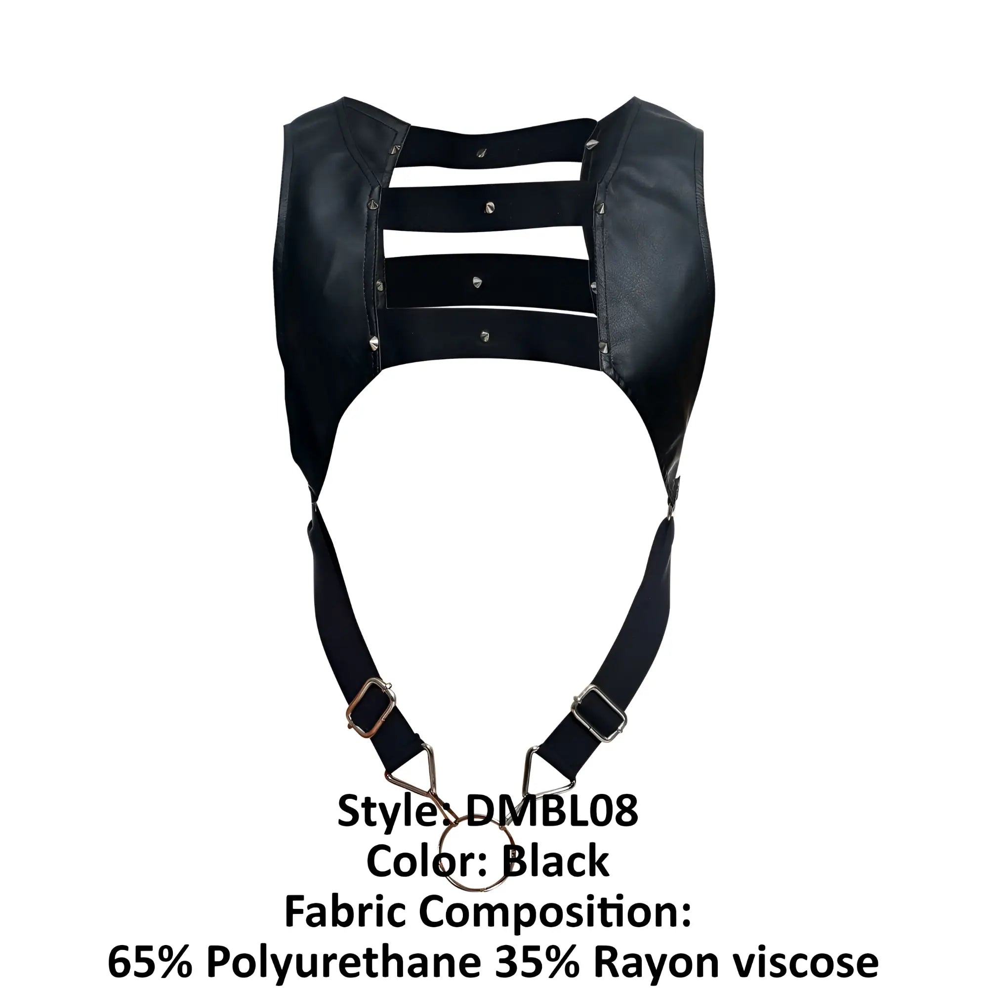 Black leather-like malebasics dmdbl08 dungeon croptop cockring harness with three horizontal and adjustable shoulder straps