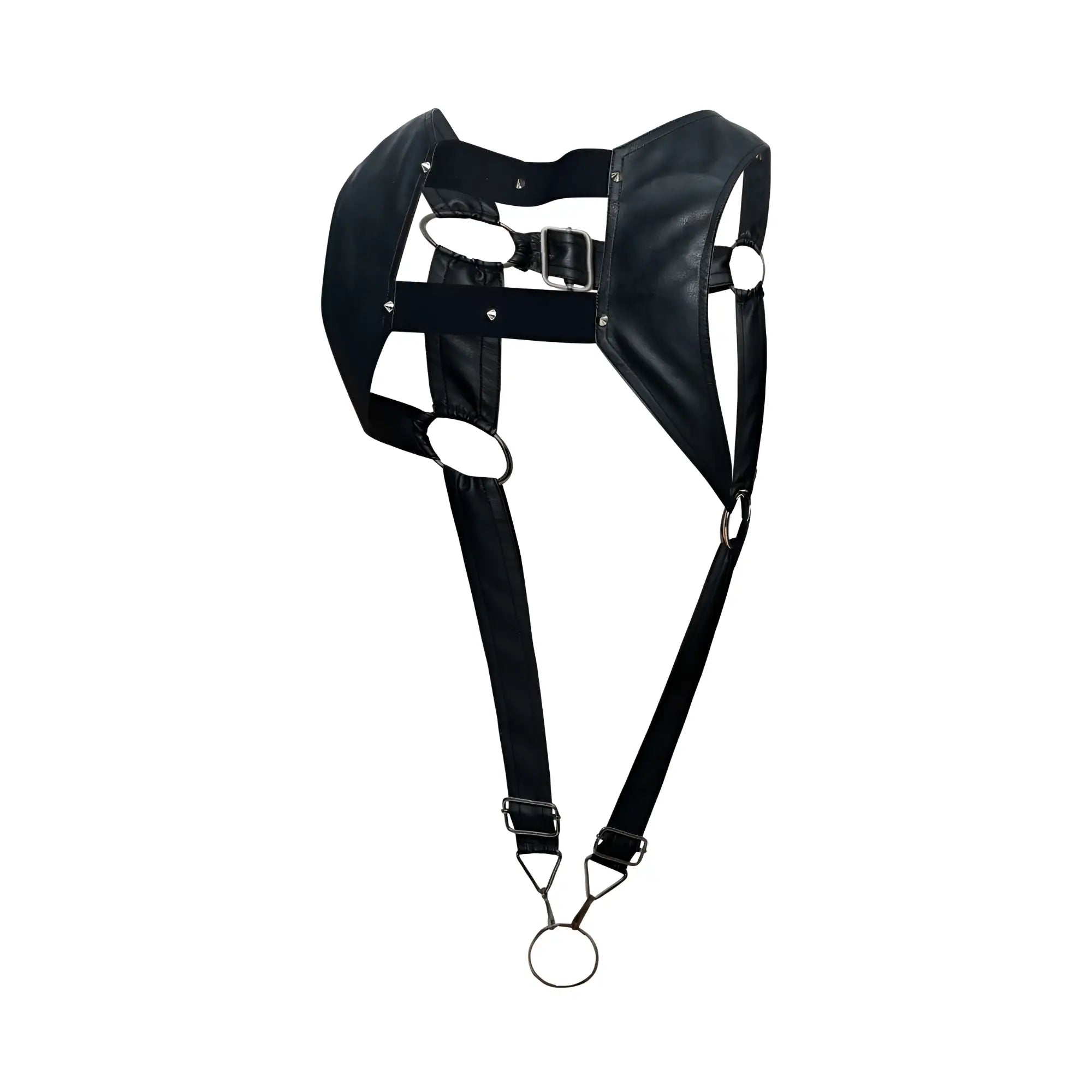 Black leather male basics dmbl08 dngeon croptop cockring harness with metal rings and buckle shown from the back side
