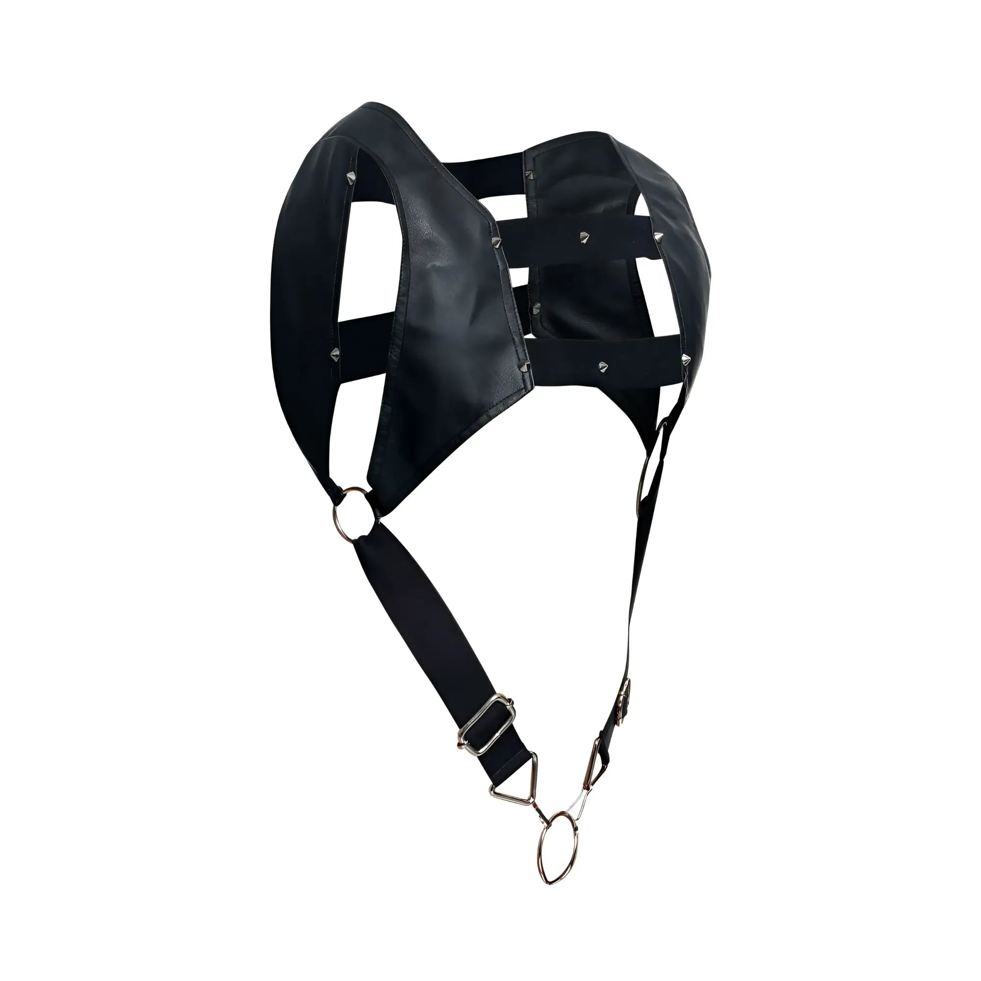 Black leather malebasics dmble08 dungeon croptop cockring harness with silver metal rings and clasps