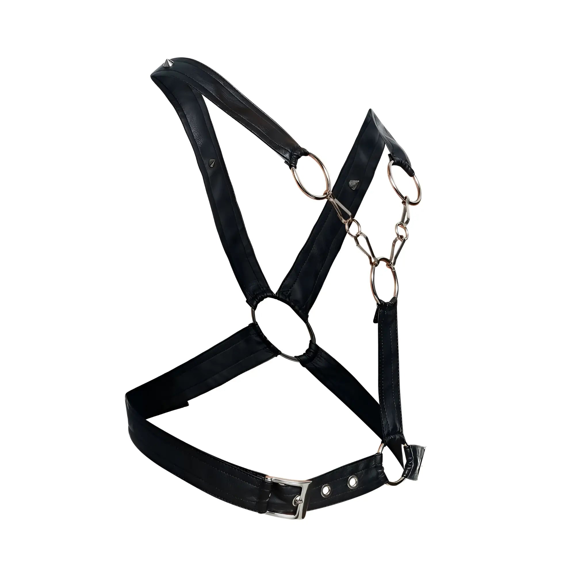 Black faux leather harness with silver metal rings and buckle by malebasics dmblo9 dngeon cross chain harness color black
