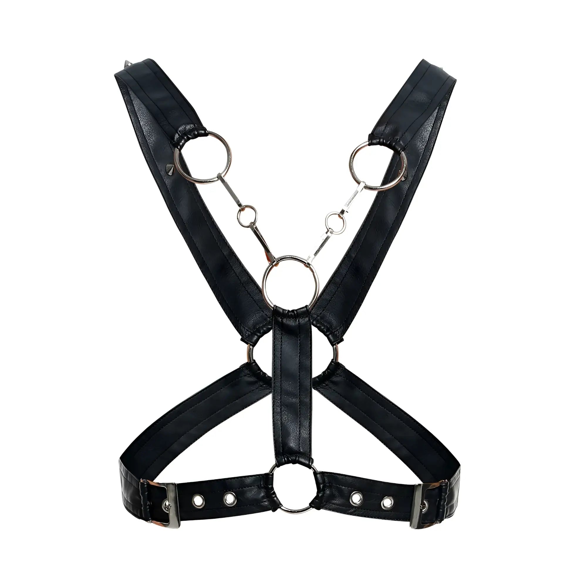 Malebasics dmbl09 dngeon cross chain harness in black faux leather with silver metal rings and buckles