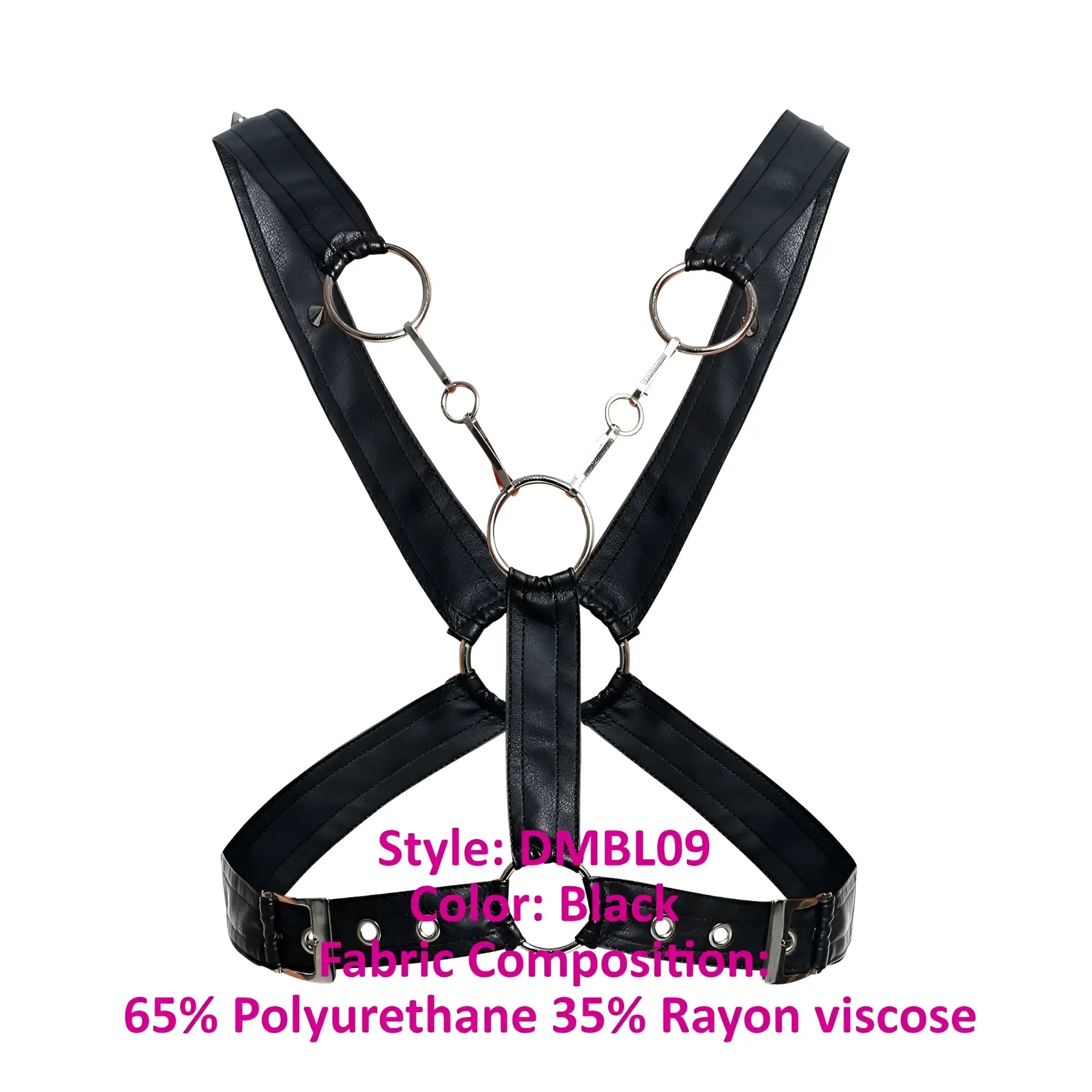 Black leather-like male basics dmblo9 dngeon cross chain harness with silver metal rings and chains