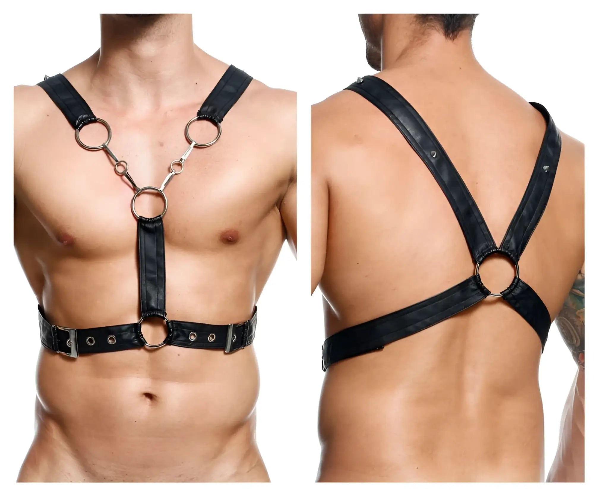 Malebasics dmbl09 dngeon black leather harness with silver metal rings and buckles for men