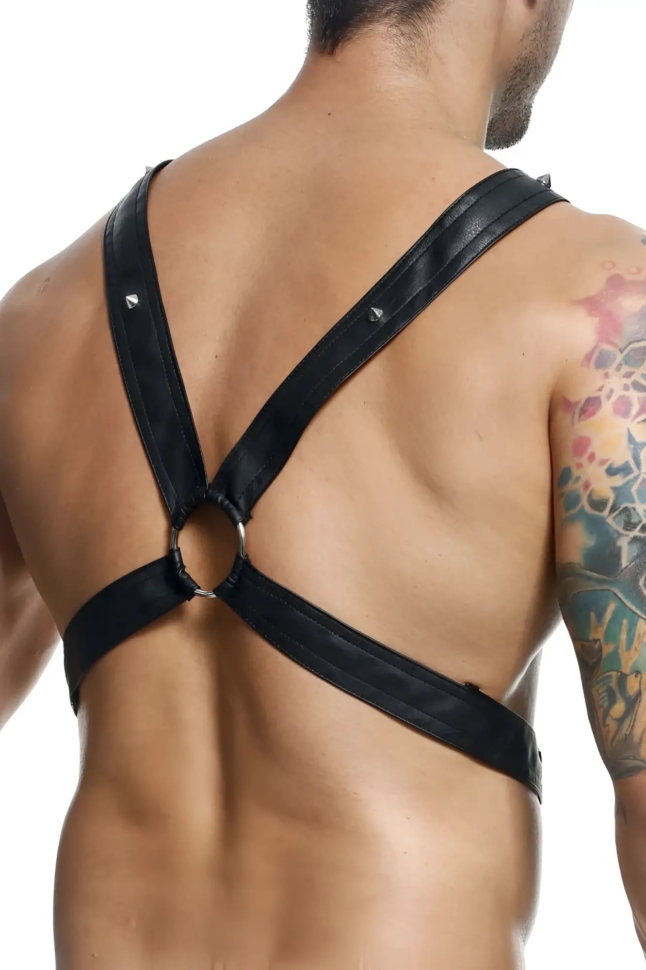 Malebasics dmbl09 dngeon black leather harness with silver metal rings and studs for men