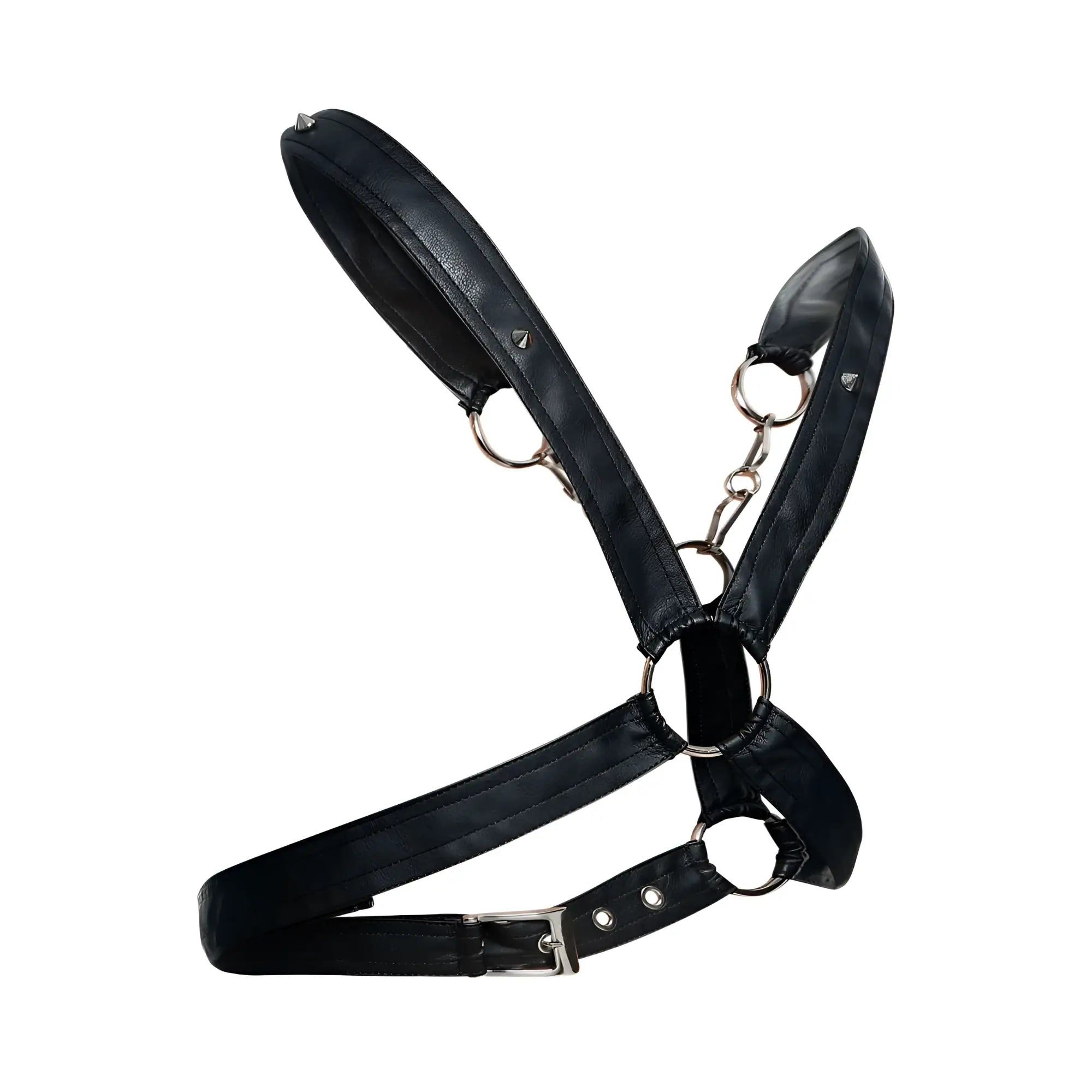 Malebasics dmbl09 dngeon cross chain harness black leather with silver metal rings and buckle in front view
