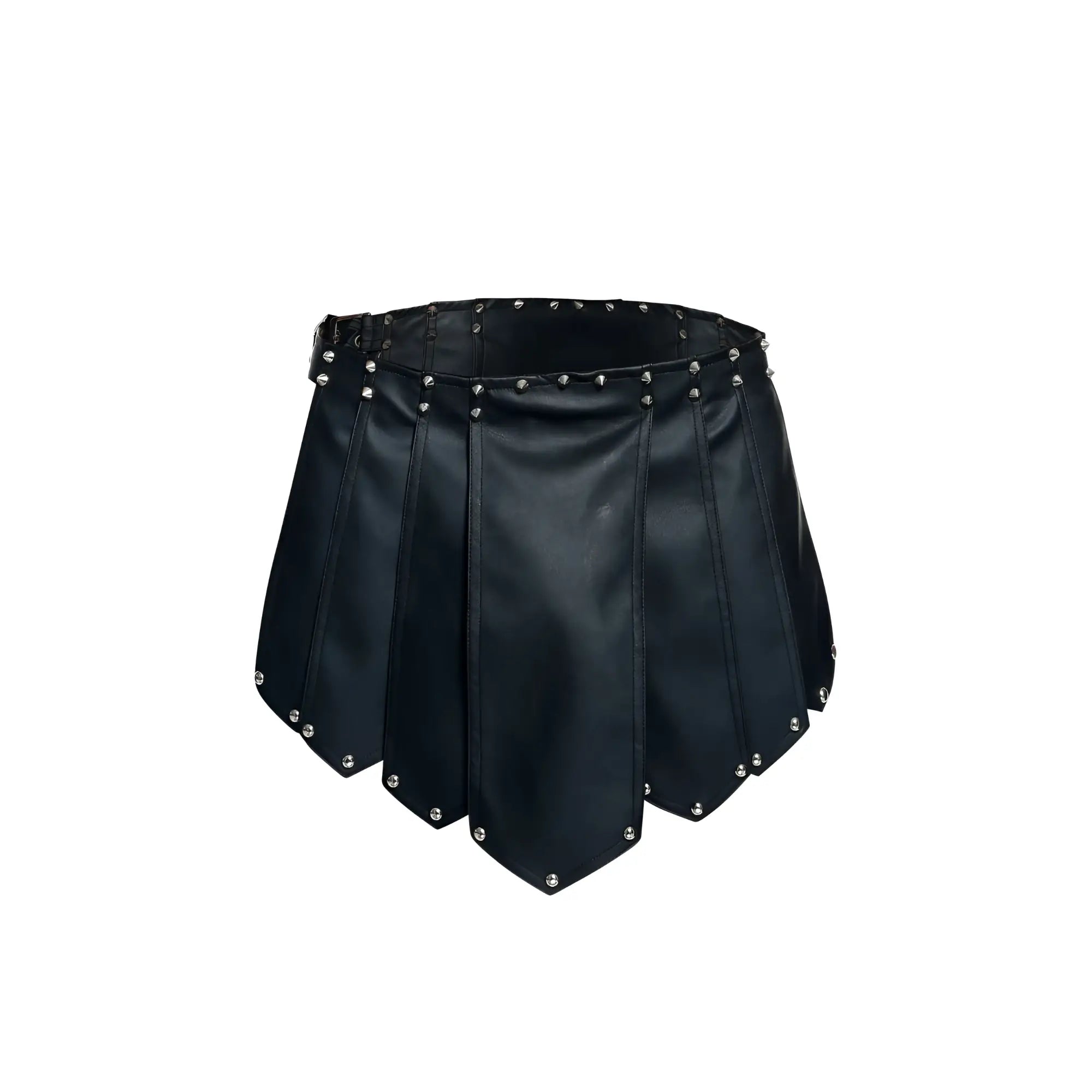 Black faux leather pleated malebasics dmb10 dngeon roman skirt with silver studs on waistband and hem