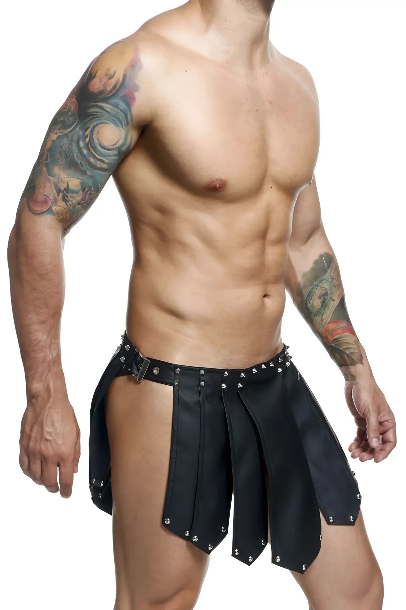 MaleBasics DMBL10 dungeon roman skirt in black leather chaps with silver studs and a metallic buckle visible from the back