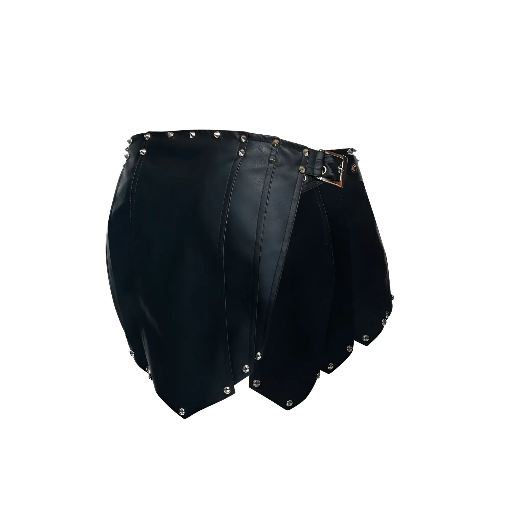 Malebasics dmbl10 dungeon black leather mini skirt with silver studs and metallic buckle for bold style