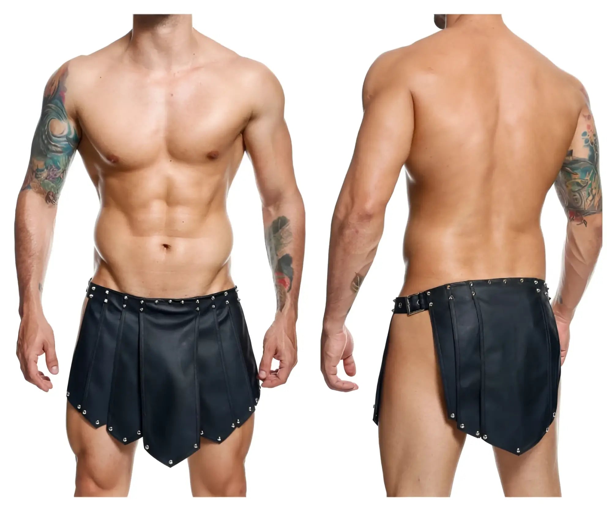 Black leather malebasics dmble10 dngeon roman skirt with silver studs and belt buckle detail front view