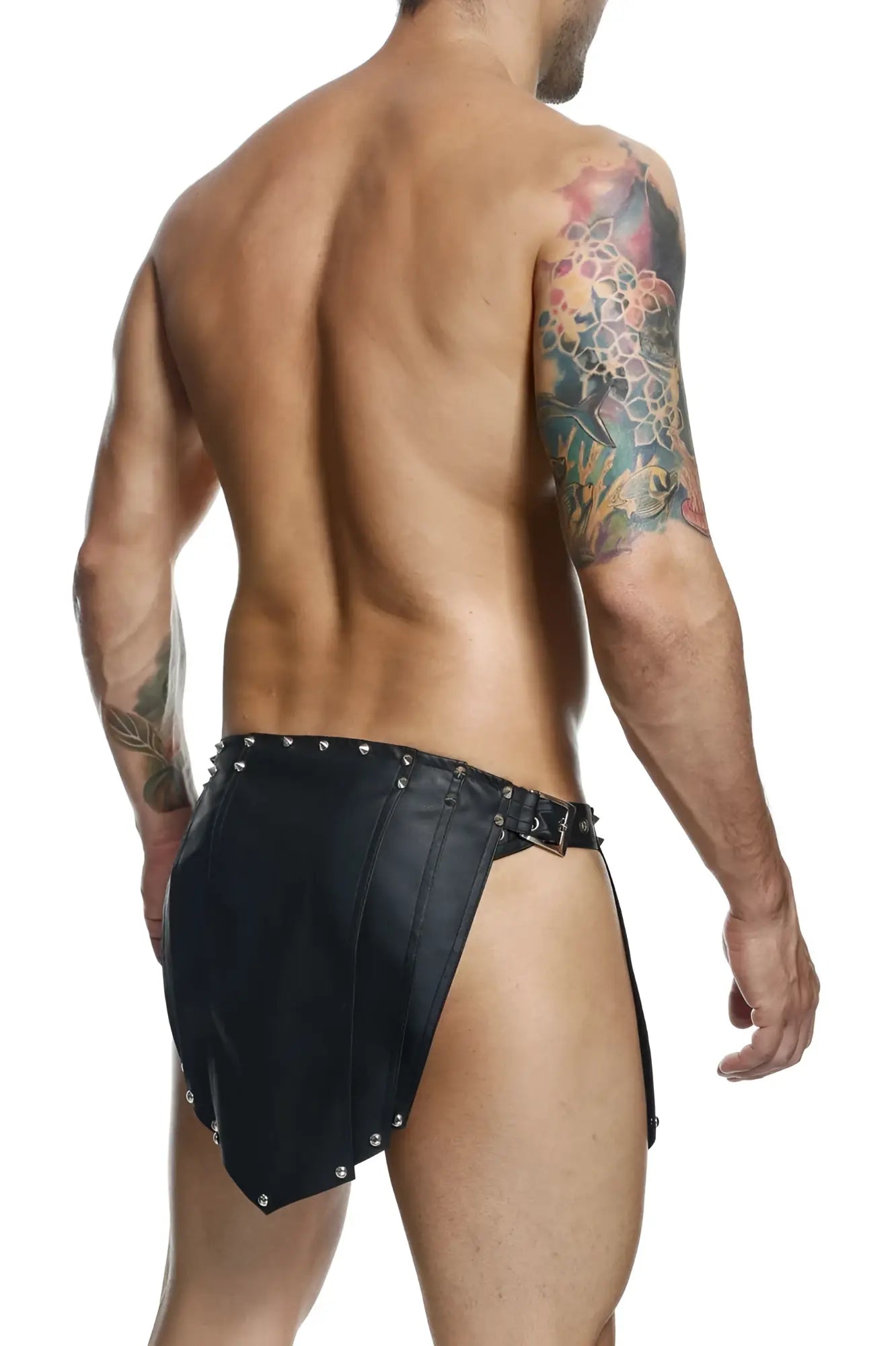 Malebasics dmbl10 dngeon roman skirt in black black leather briefs with silver studs and buckle belt front view