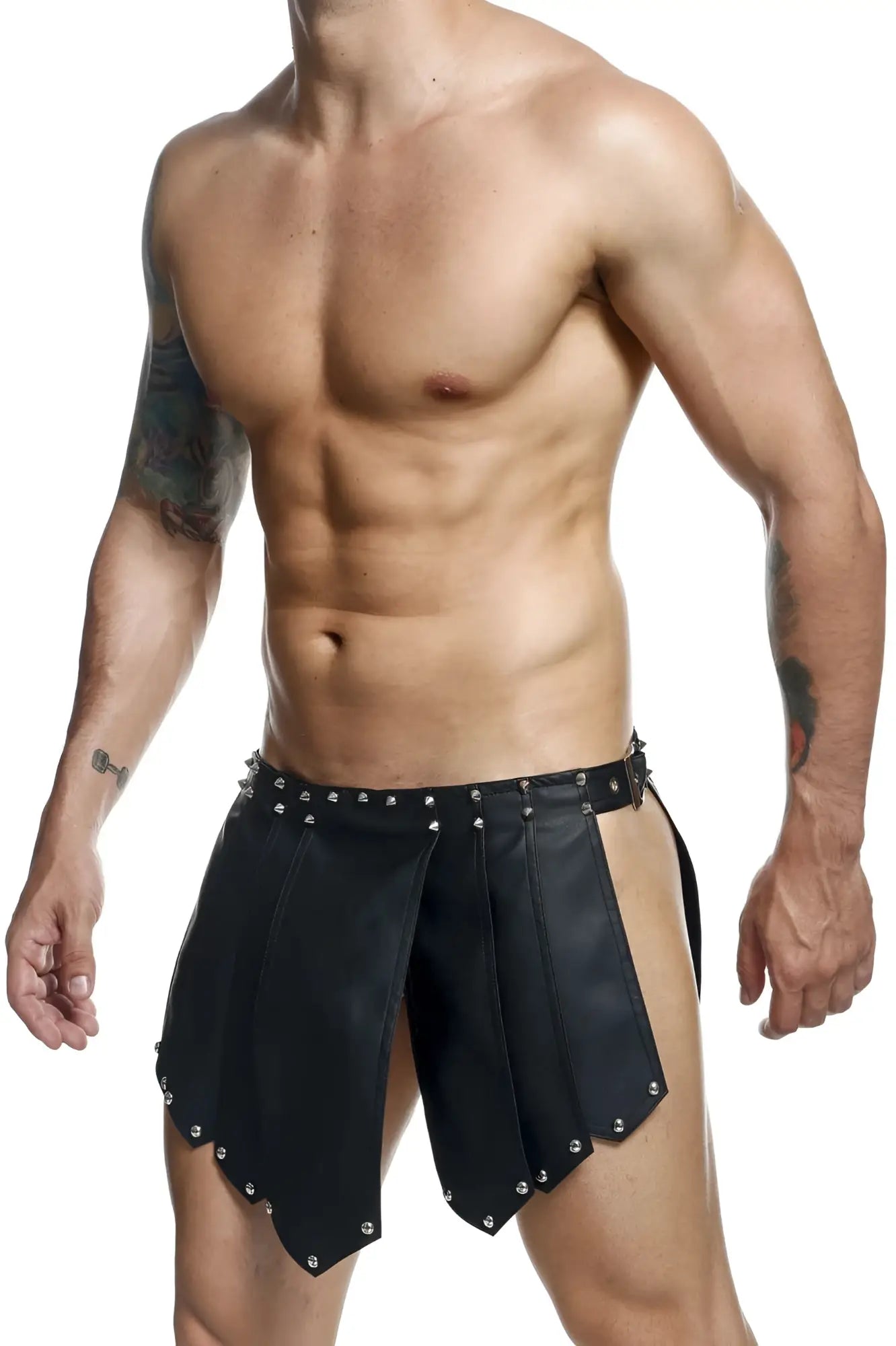 Malebasics dmbl10 dngeon black leather roman-style shorts with silver studs along waistband and hem