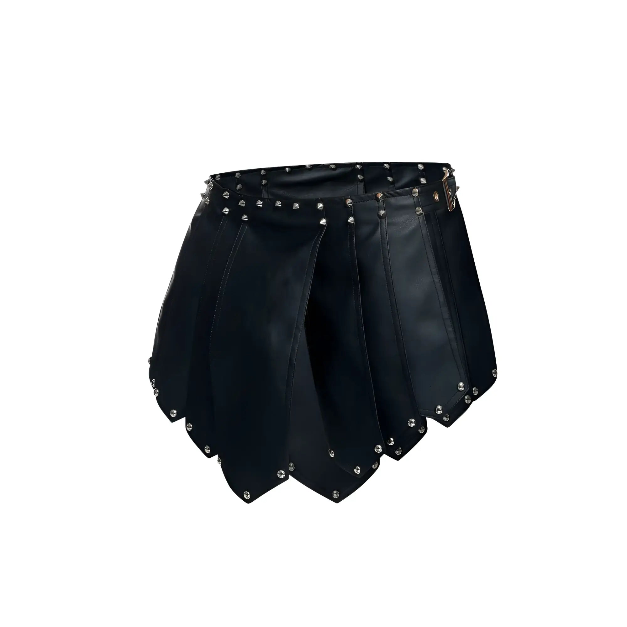 Black pleated leather mini skirt by malebasics with silver stud detailing on waistband and hem
