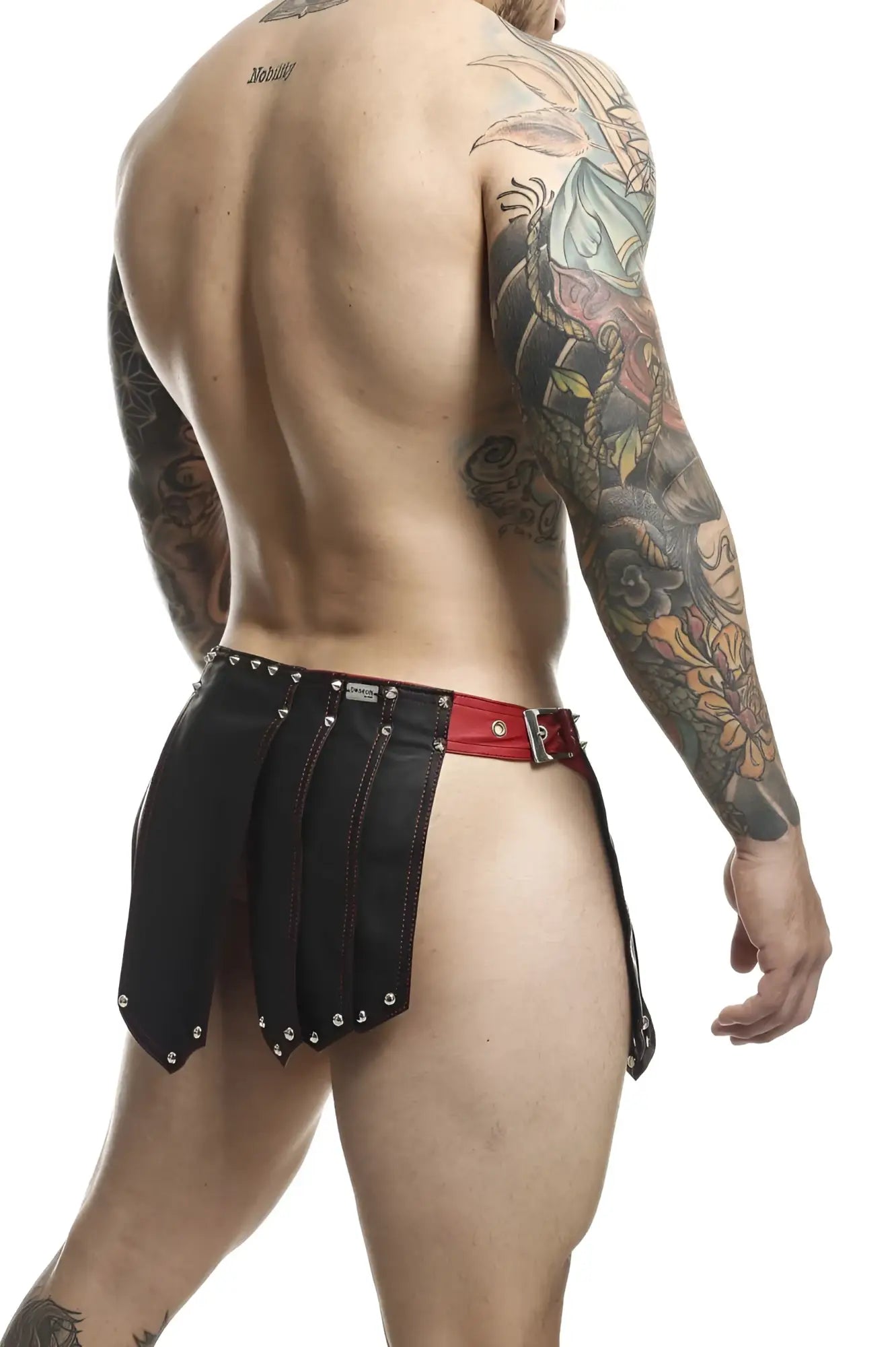Malebasics dmbl10 dngeon black leather briefs with red accents and silver studs in a roman skirt style
