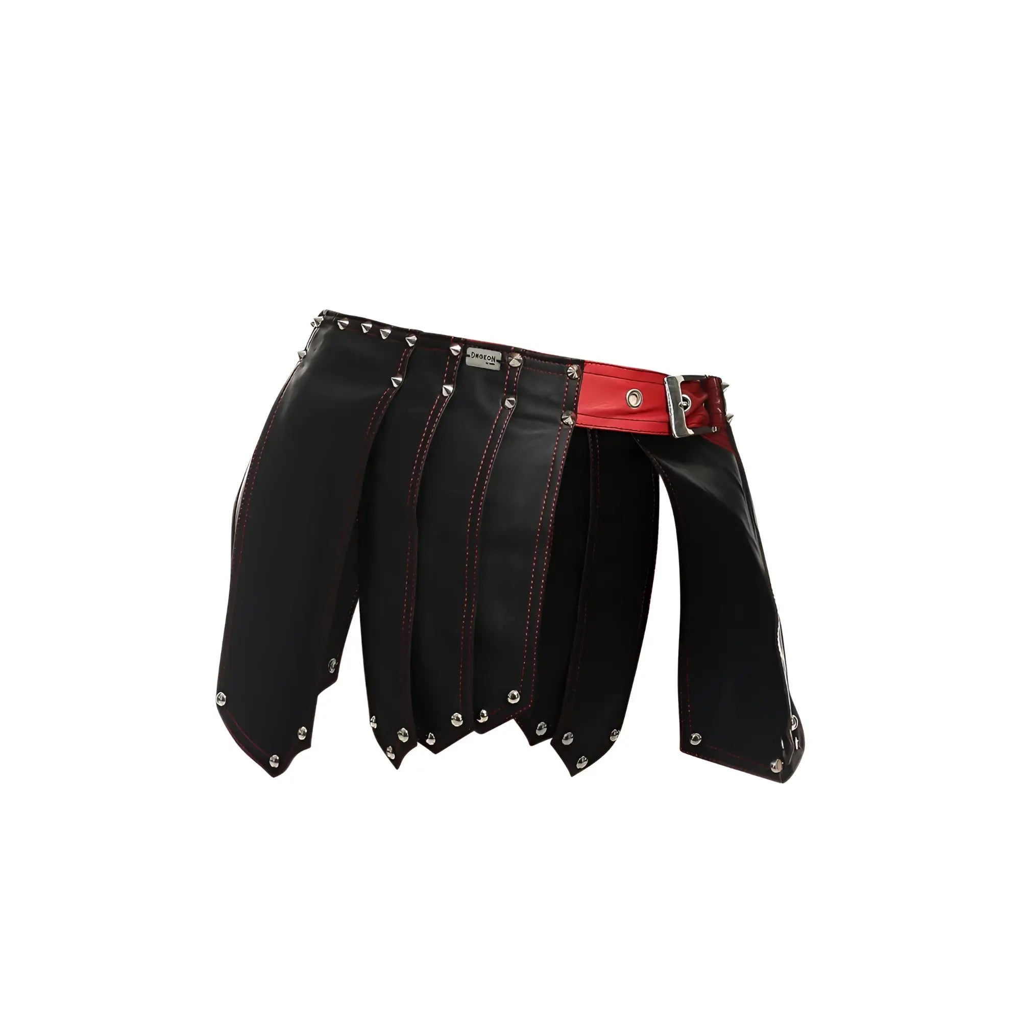 Malebasics dmb10 dngeon black leather roman skirt with red belt and silver studs for men