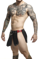 Malebasics dmbl10 dngeon roman skirt black-red black leather chaps with red buckle and silver studs visible front side
