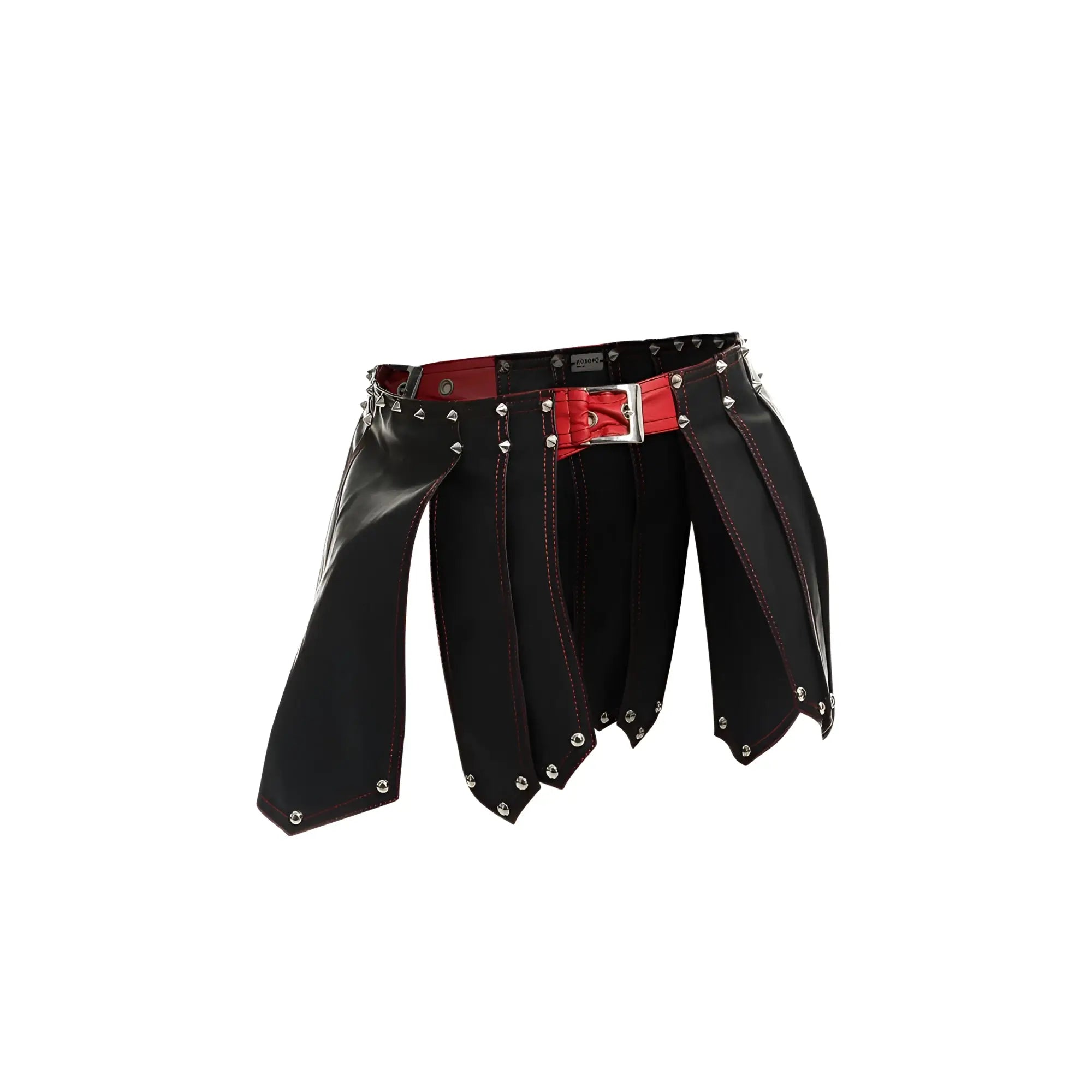 Black leather MaleBasics DMBL10 DNGEON Roman skirt with red stitching silver studs and bold red belt buckle