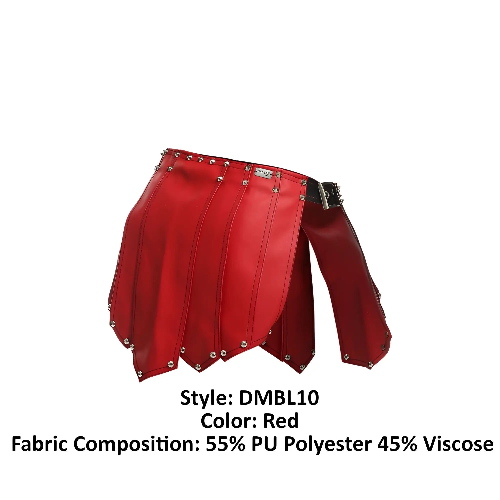 Malebasics dmbl10 dngeon red roman skirt in faux leather with silver studs and black belt buckle visible from front side