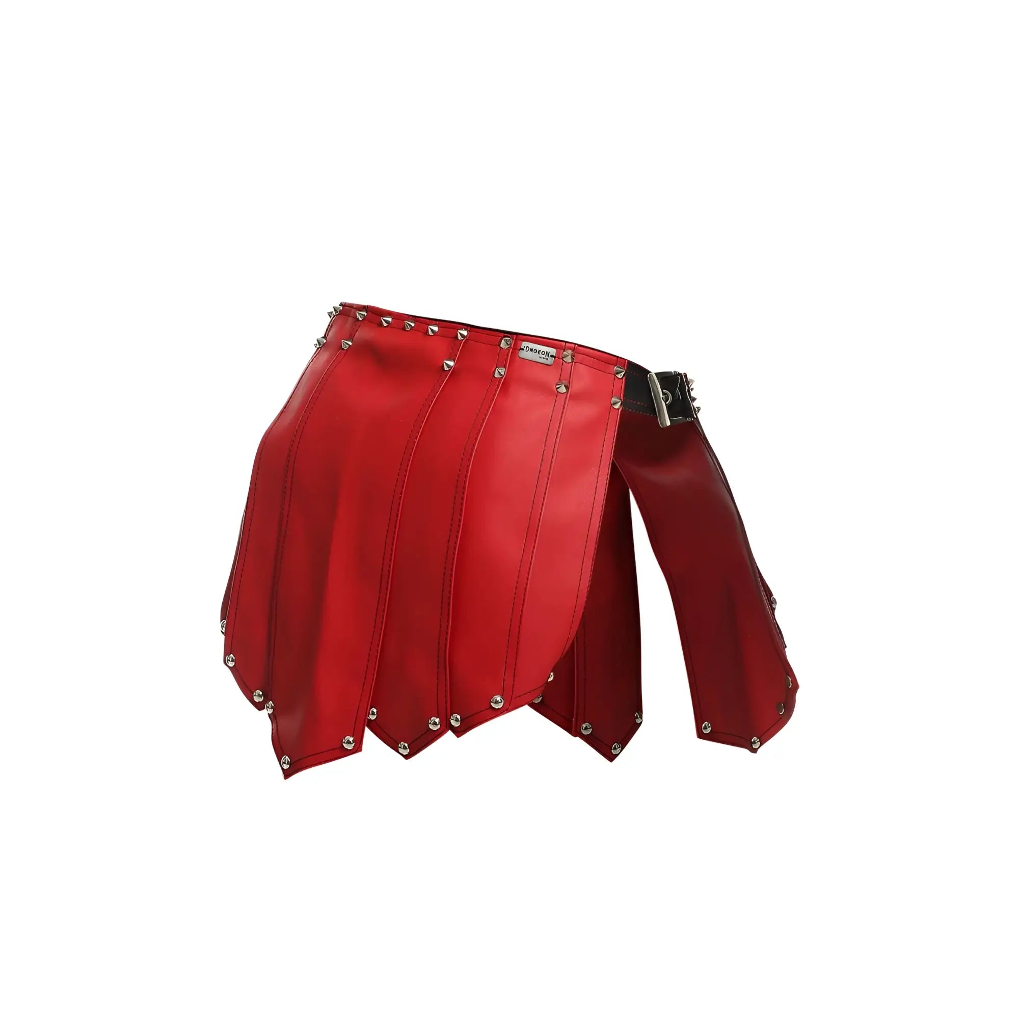 Red faux leather malebasics dmbl10 dngeon roman skirt with silver studs and black belt buckle in red color