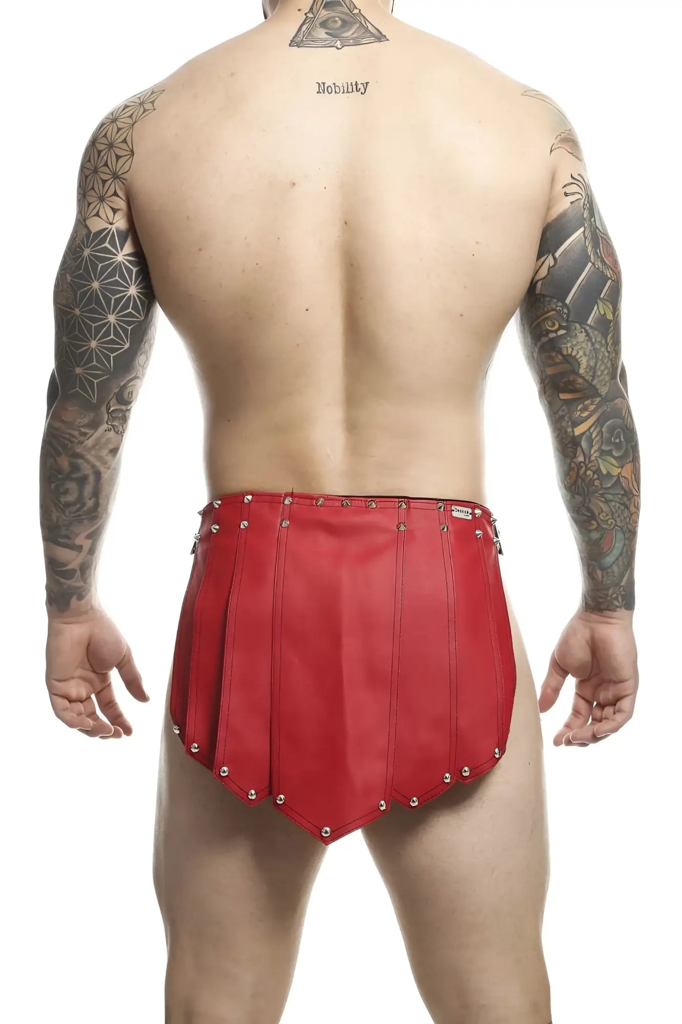 Red leather malebasics dmble10 dngeon roman skirt shorts with metallic studs along the edges in red color