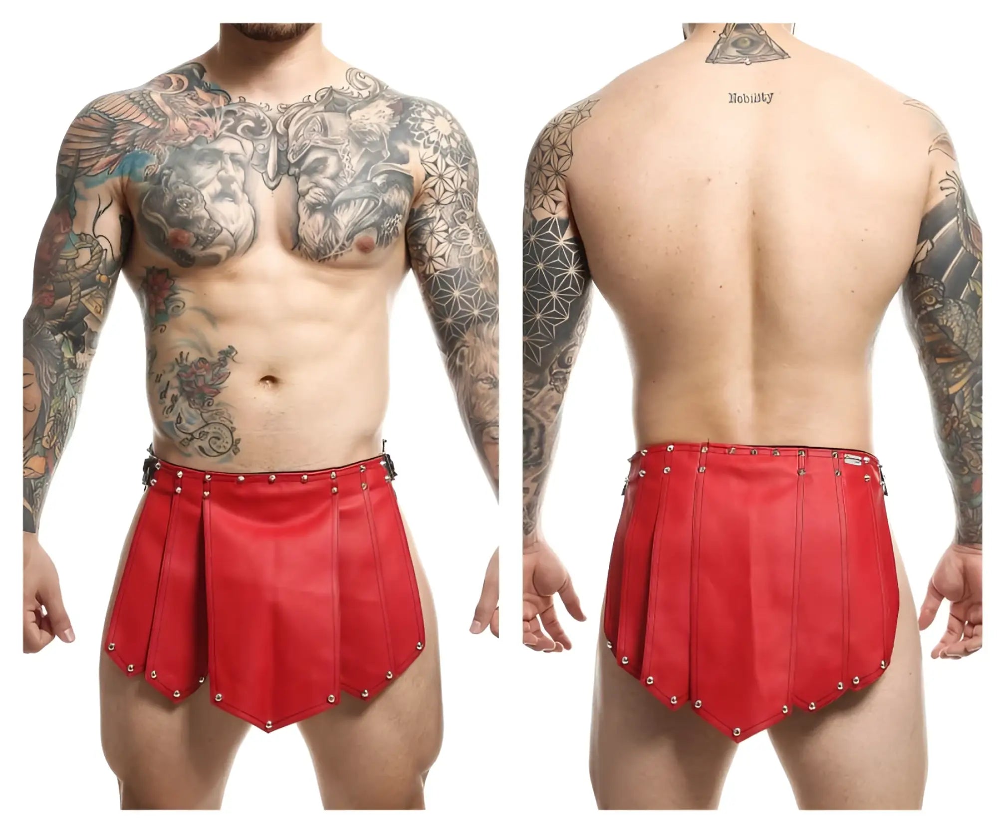MaleBasics DMBL10 DNGEON Roman skirt in red leather with pleated design and metallic studs along the hem