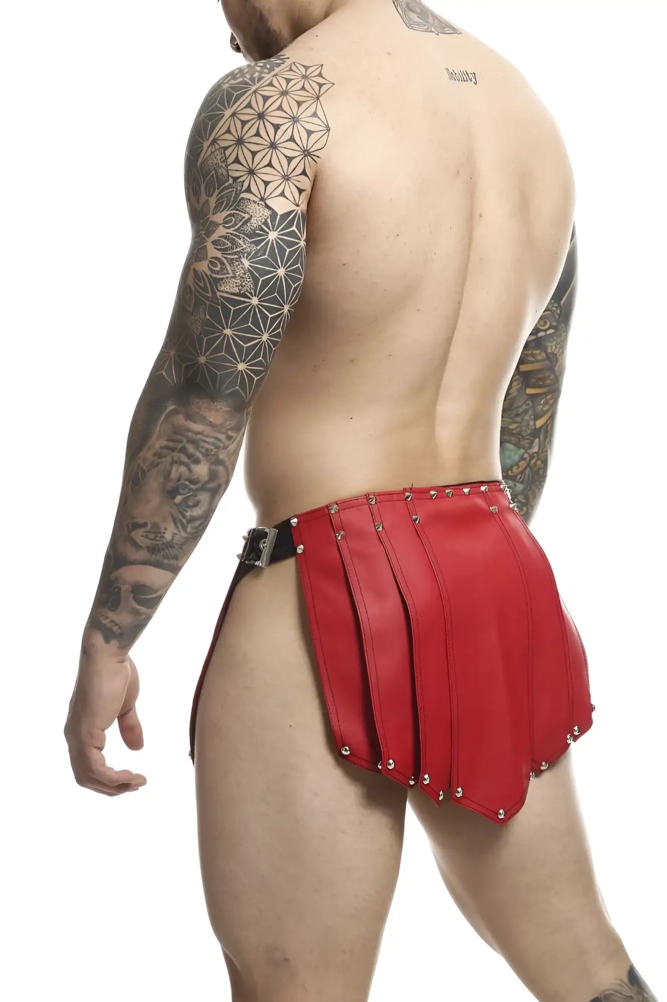 Malebasics dmbl10 dungeon roman skirt in red leather with pleats and silver studs along the hem