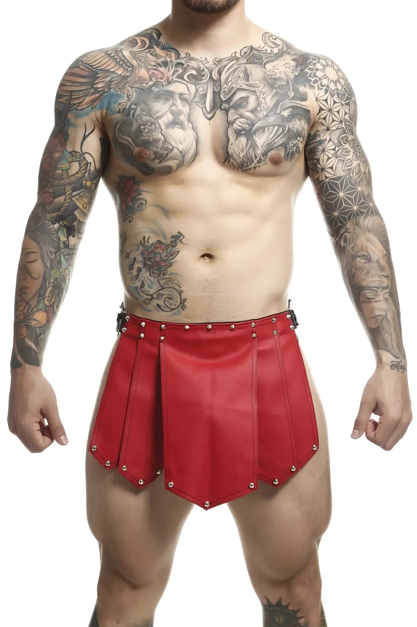 Red leather roman-style shorts with silver studs from malebasics dmb10 dngeon roman skirt in color red