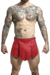 Red leather roman-style shorts with silver studs from malebasics dmb10 dngeon roman skirt in color red