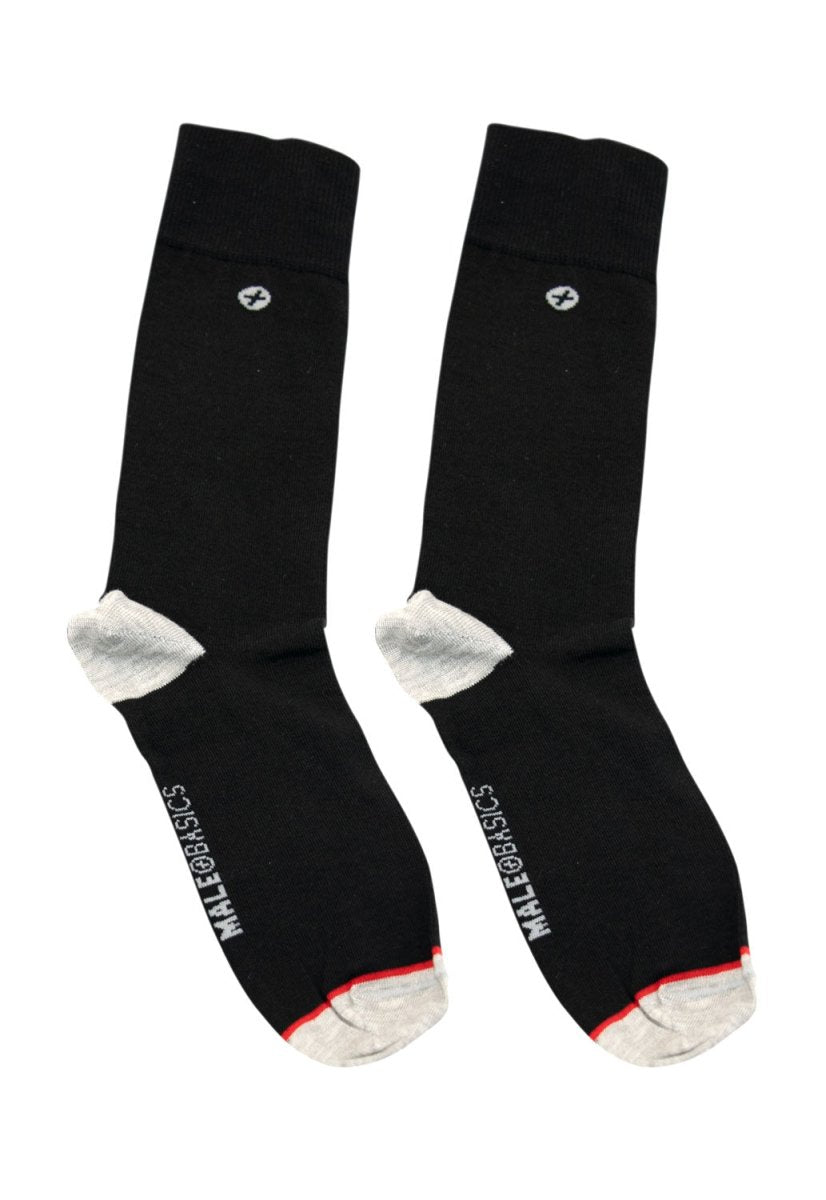 Malebasics dress sock black featuring white toe and heel accents with red trim and small logo near the top