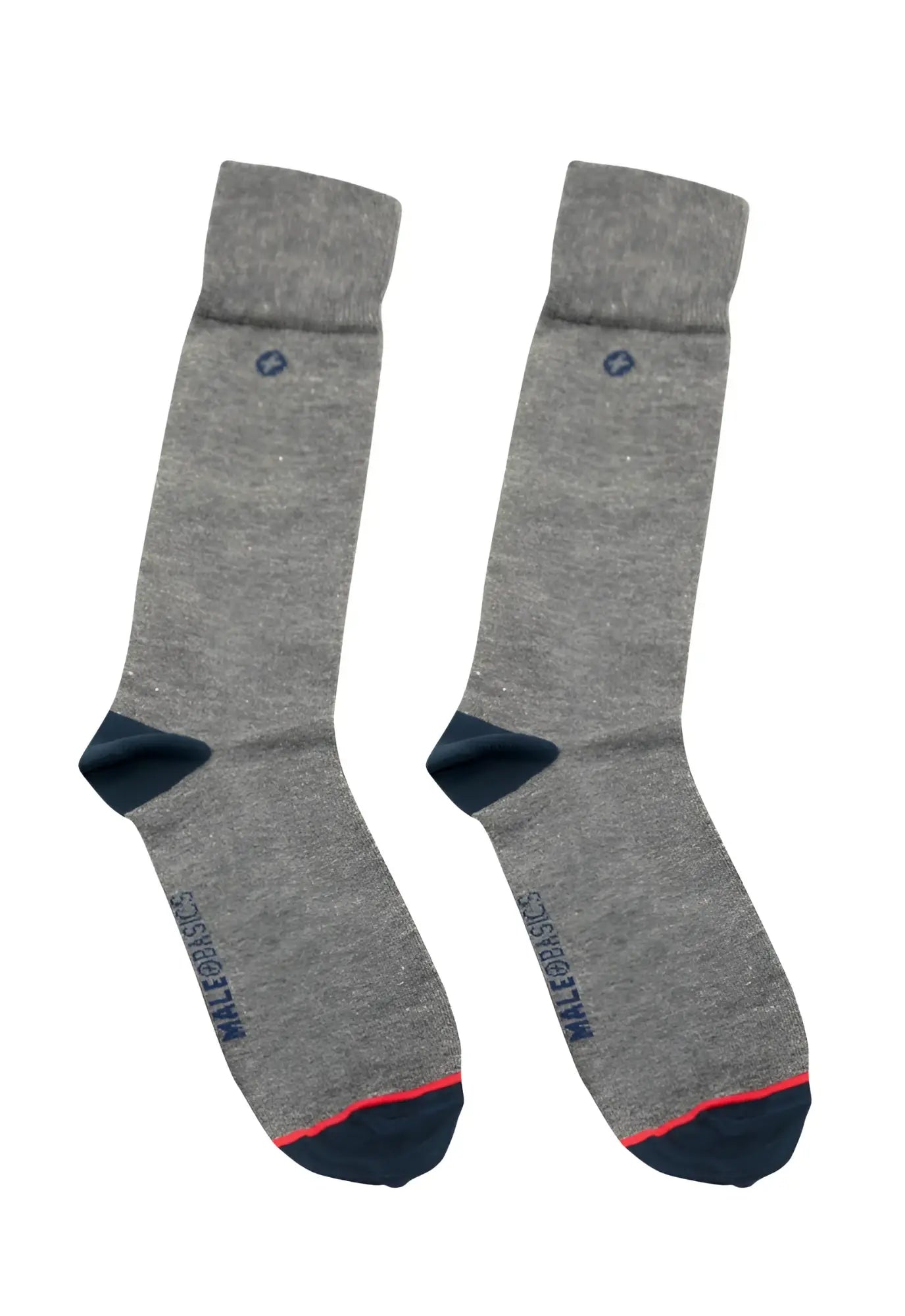 Malebasics dress sock gray heathered with navy blue toe heel accents red trim and small embroidered logo near top