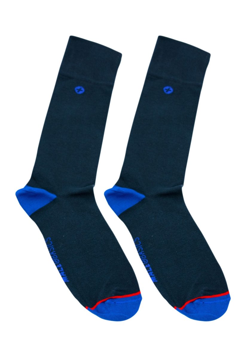 Malebasics dress sock navy crew socks in dark navy with royal blue toe heel accents and subtle embroidered logo