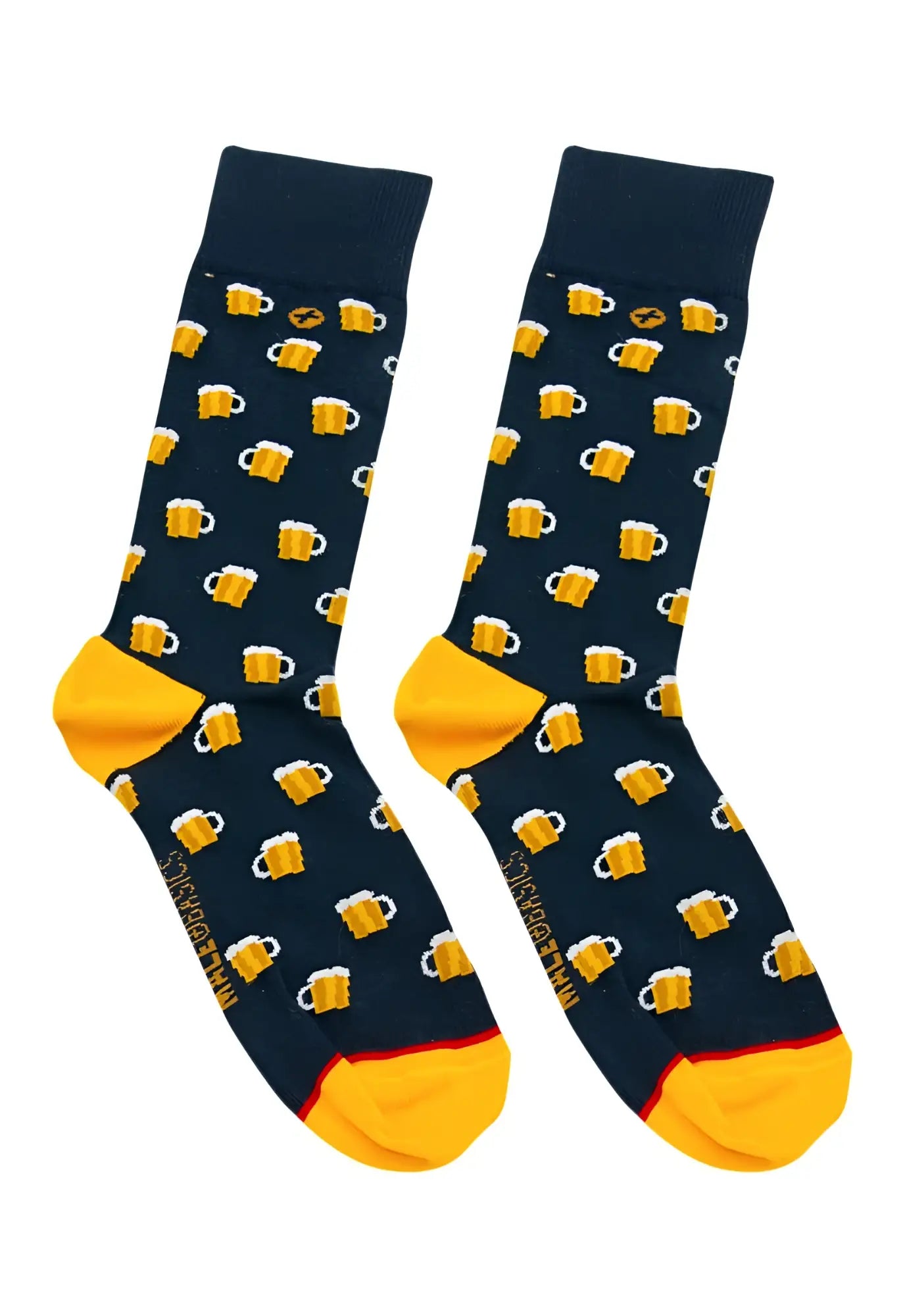 Male basics fun sock-beers dark blue socks with yellow beer mug pattern and bright yellow toes and heel accents