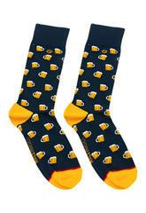 Male basics fun sock-beers dark blue socks with yellow beer mug pattern and bright yellow toes and heel accents